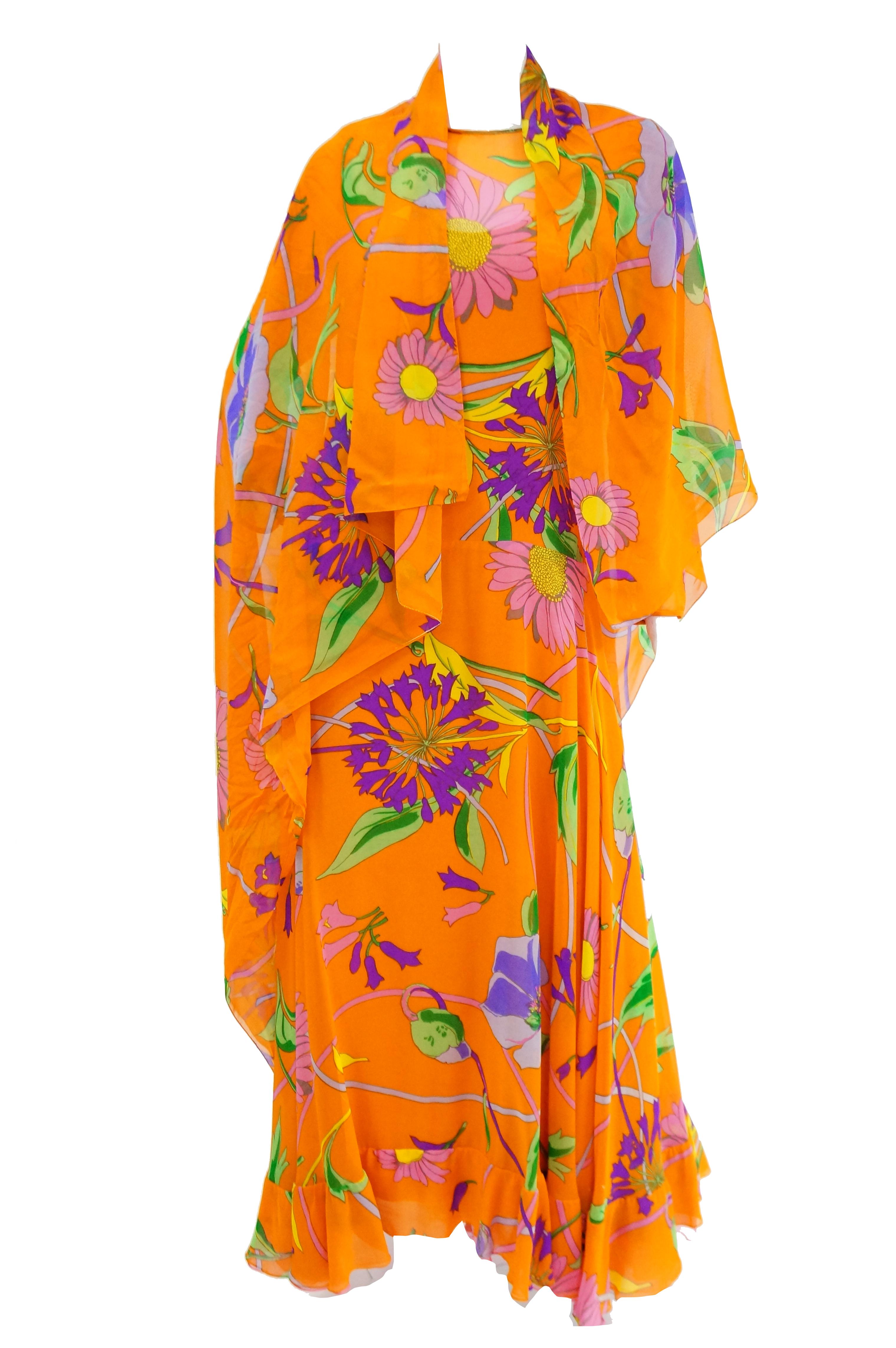 1970s Orange Floral Bias Cut Semi Sheer Dress with Oversized Shawl For Sale 4