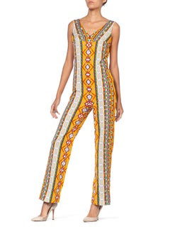 1970'S Orange Geometric Stretchy Jumpsuits