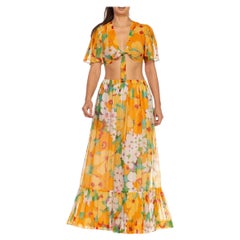 1970S Orange 
Green Cotton Floral Printed Tie Top Maxi Skirt Ensemble