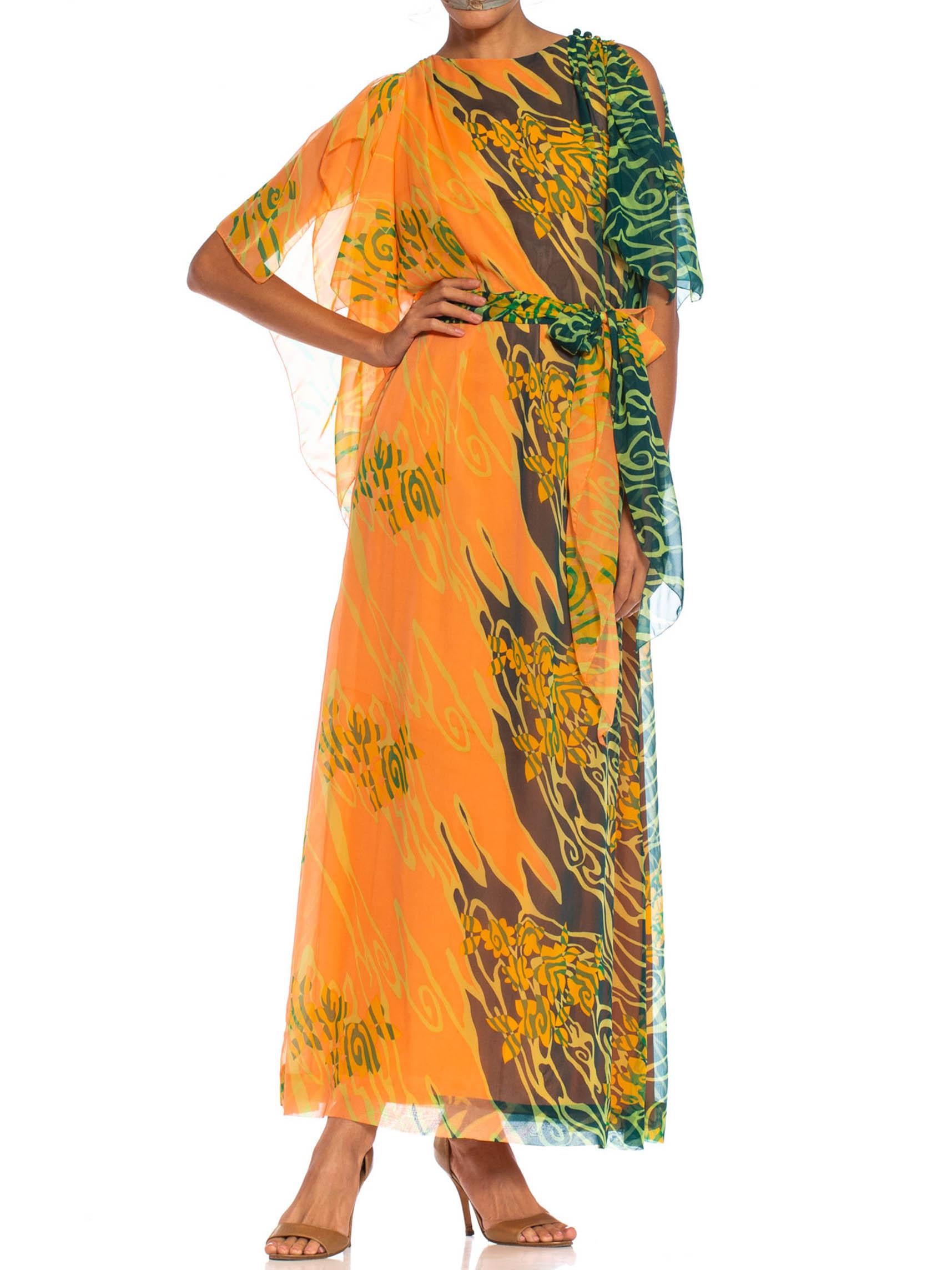 1970S Orange & Green Polyester Chiffon Kaftan With Matching Scarf Belt In Excellent Condition For Sale In New York, NY