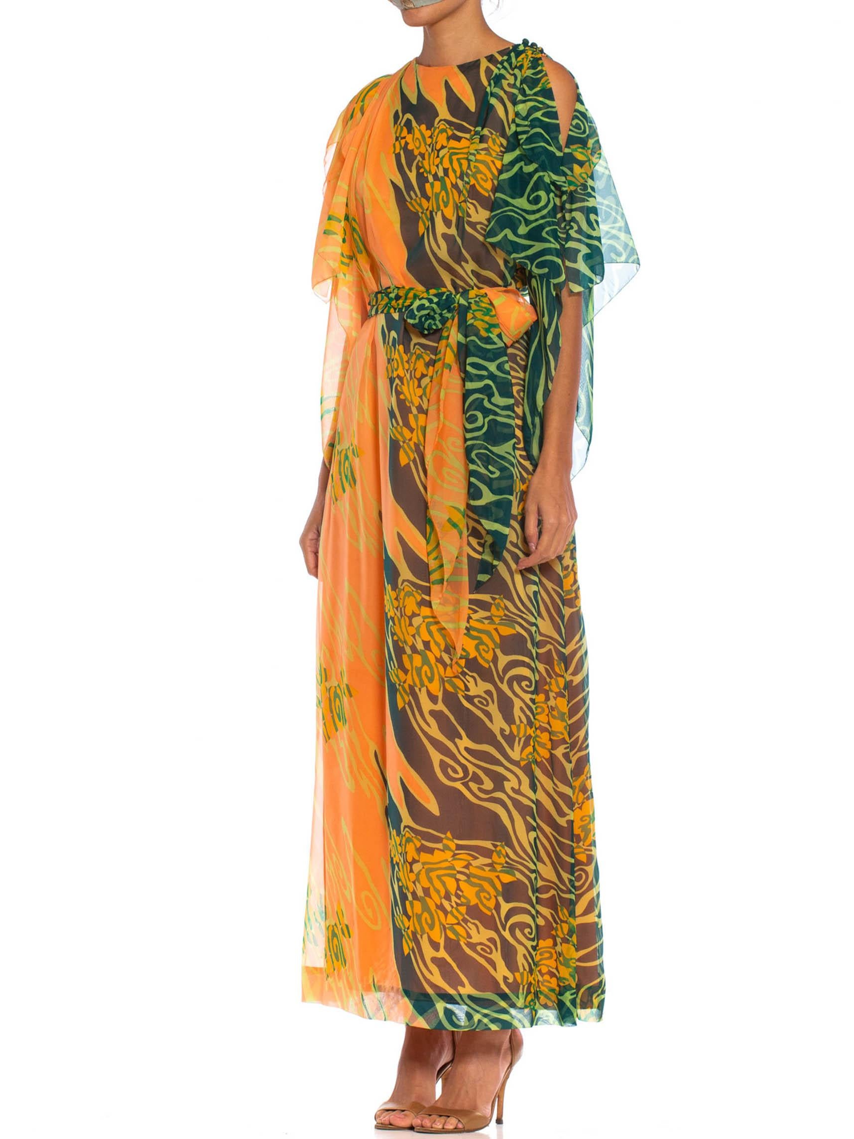 1970S Orange & Green Polyester Chiffon Kaftan With Matching Scarf Belt For Sale 1