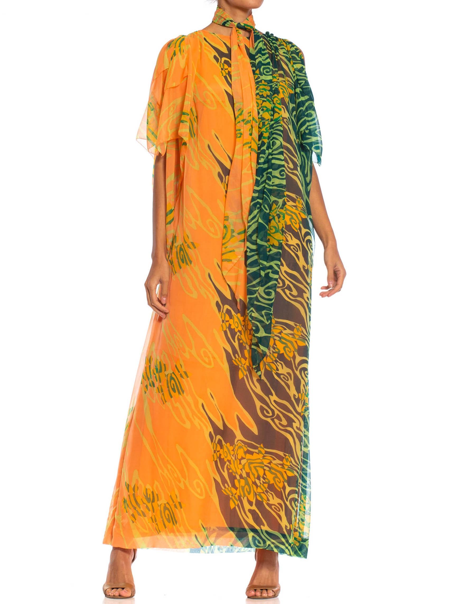 1970S Orange & Green Polyester Chiffon Kaftan With Matching Scarf Belt For Sale 3