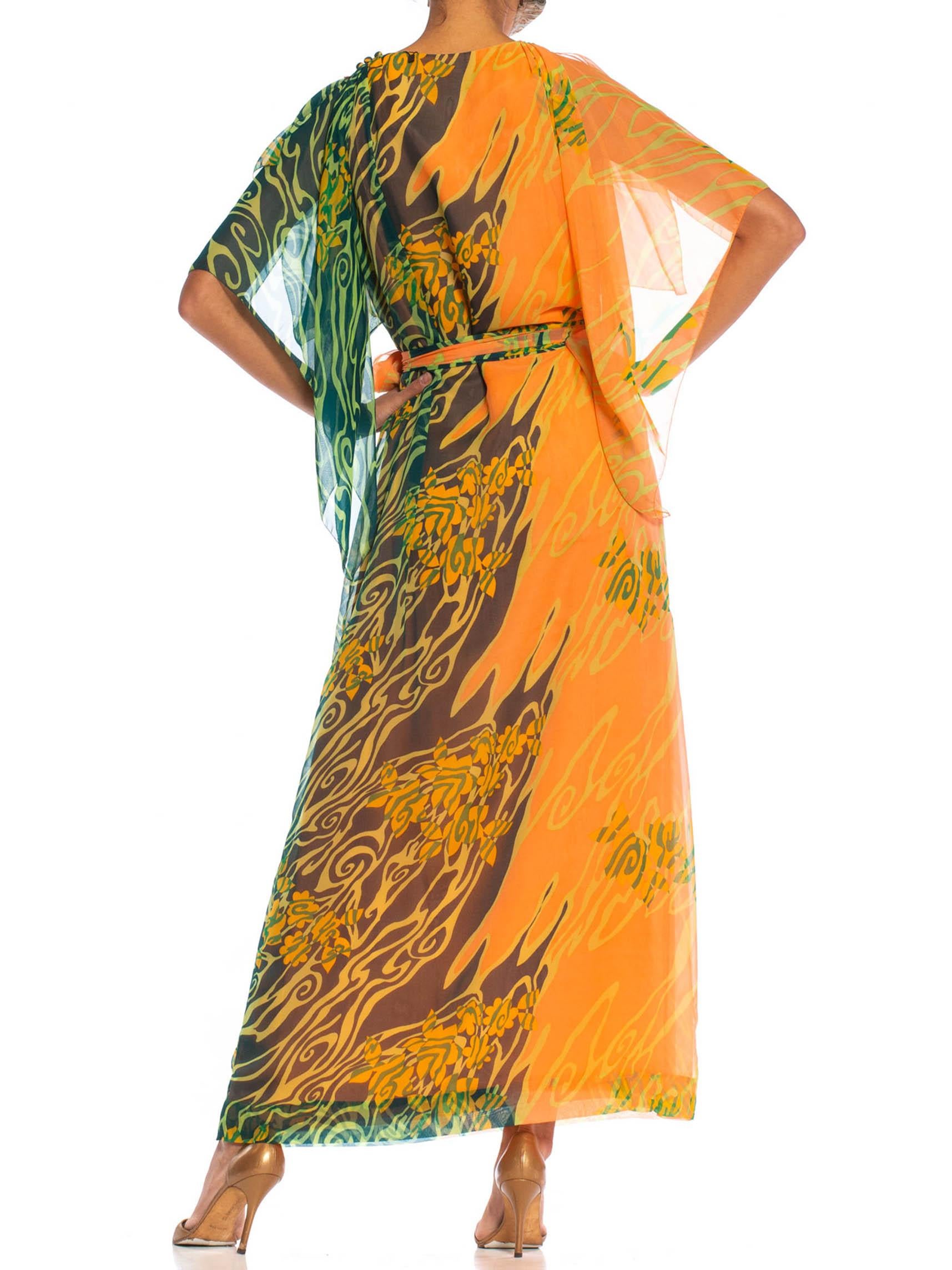 1970S Orange & Green Polyester Chiffon Kaftan With Matching Scarf Belt For Sale 5