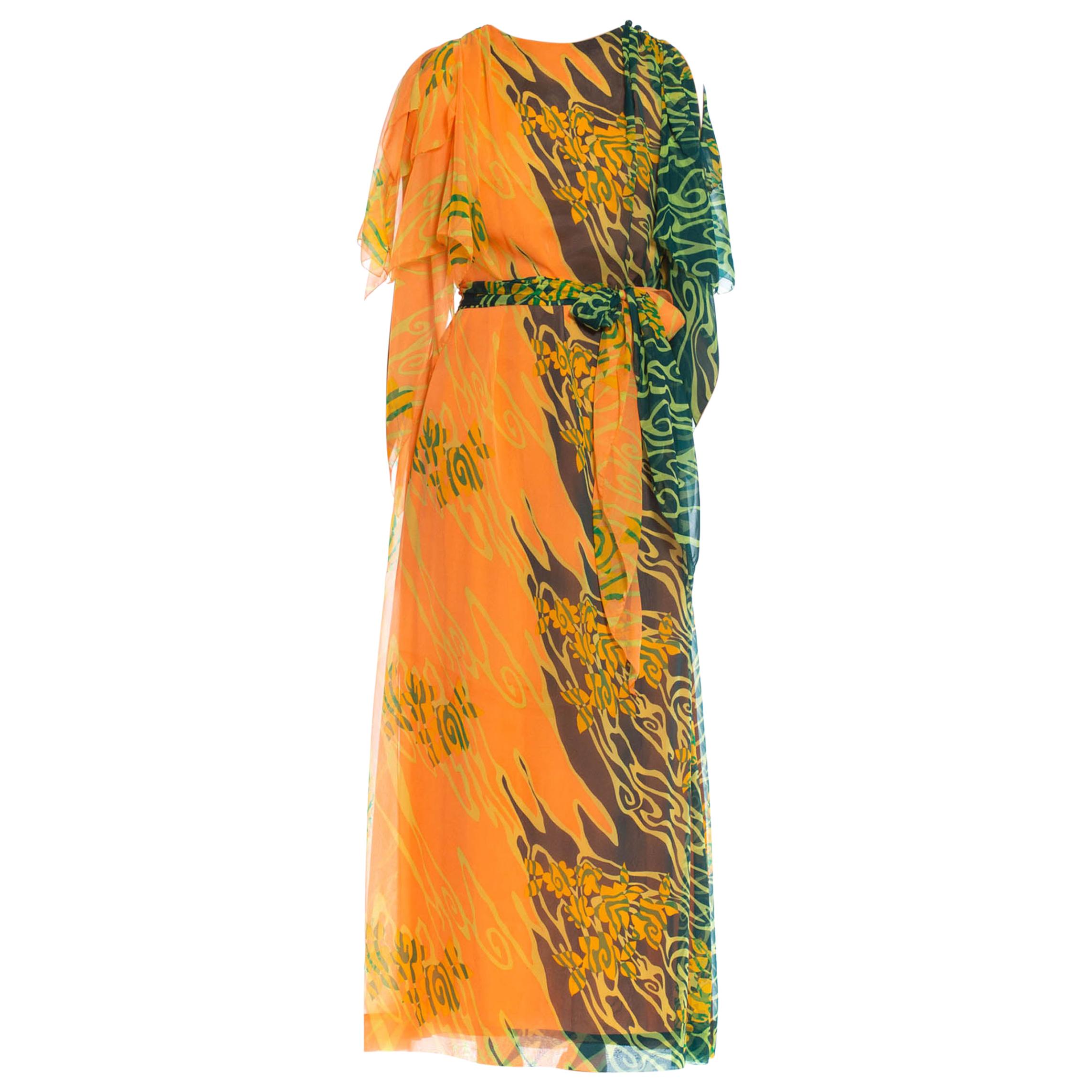1970S Orange & Green Polyester Chiffon Kaftan With Matching Scarf Belt For Sale