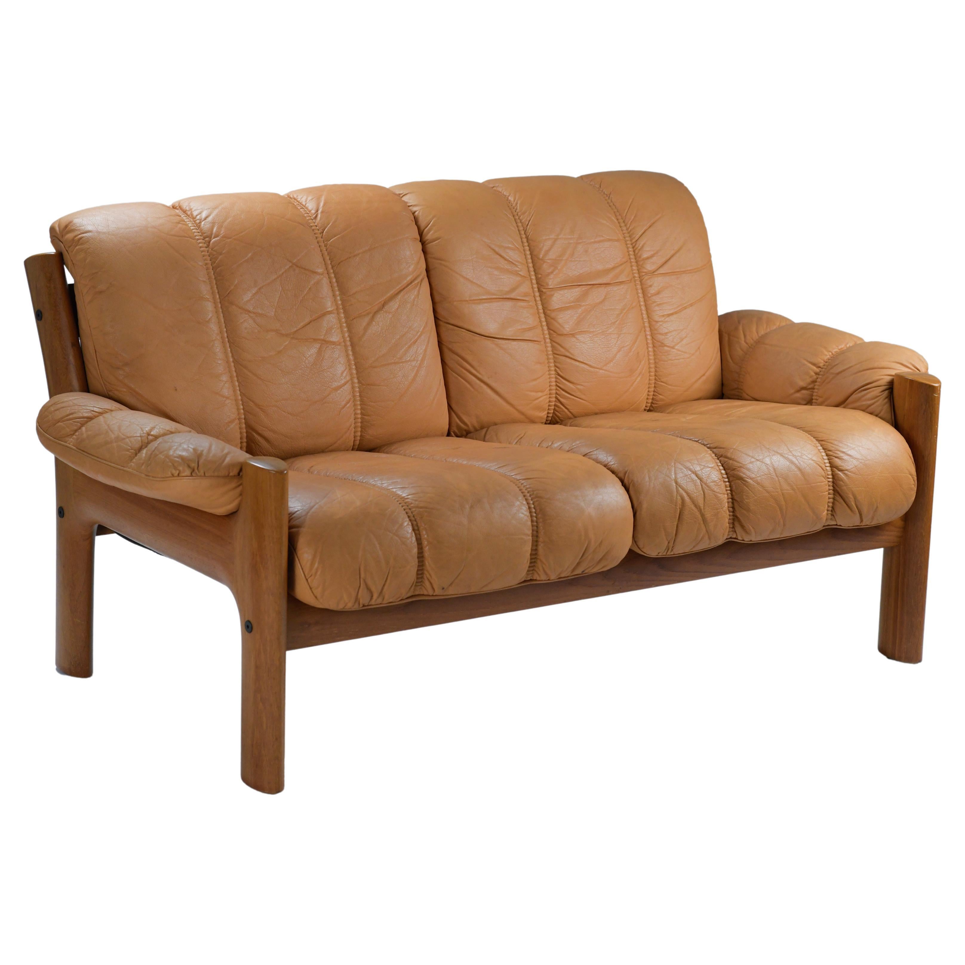 1970s Orange Leather Loveseat Sofa by Ekornes  For Sale