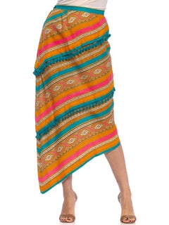 1970'S Orange & Pink Linen Paisley Stripe Bias Cut Skirt With Teal Pom Poms