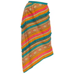 Vintage 1970'S Orange & Pink Linen Paisley Stripe Bias Cut Skirt With Teal Pom Poms
