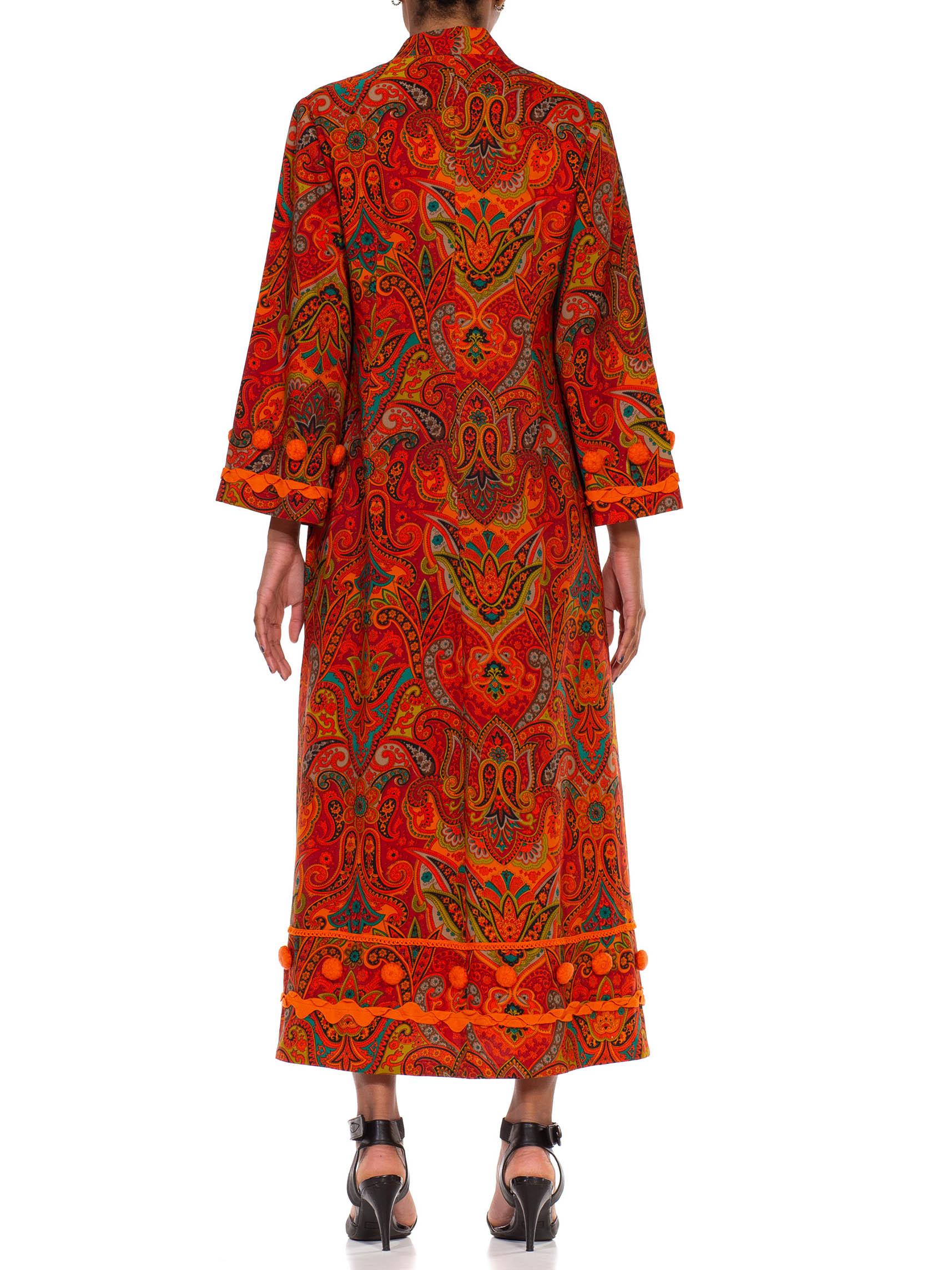 1970S Orange Polyester Lace Up Paisley Kaftan With Pom And Ribbon Trim 6