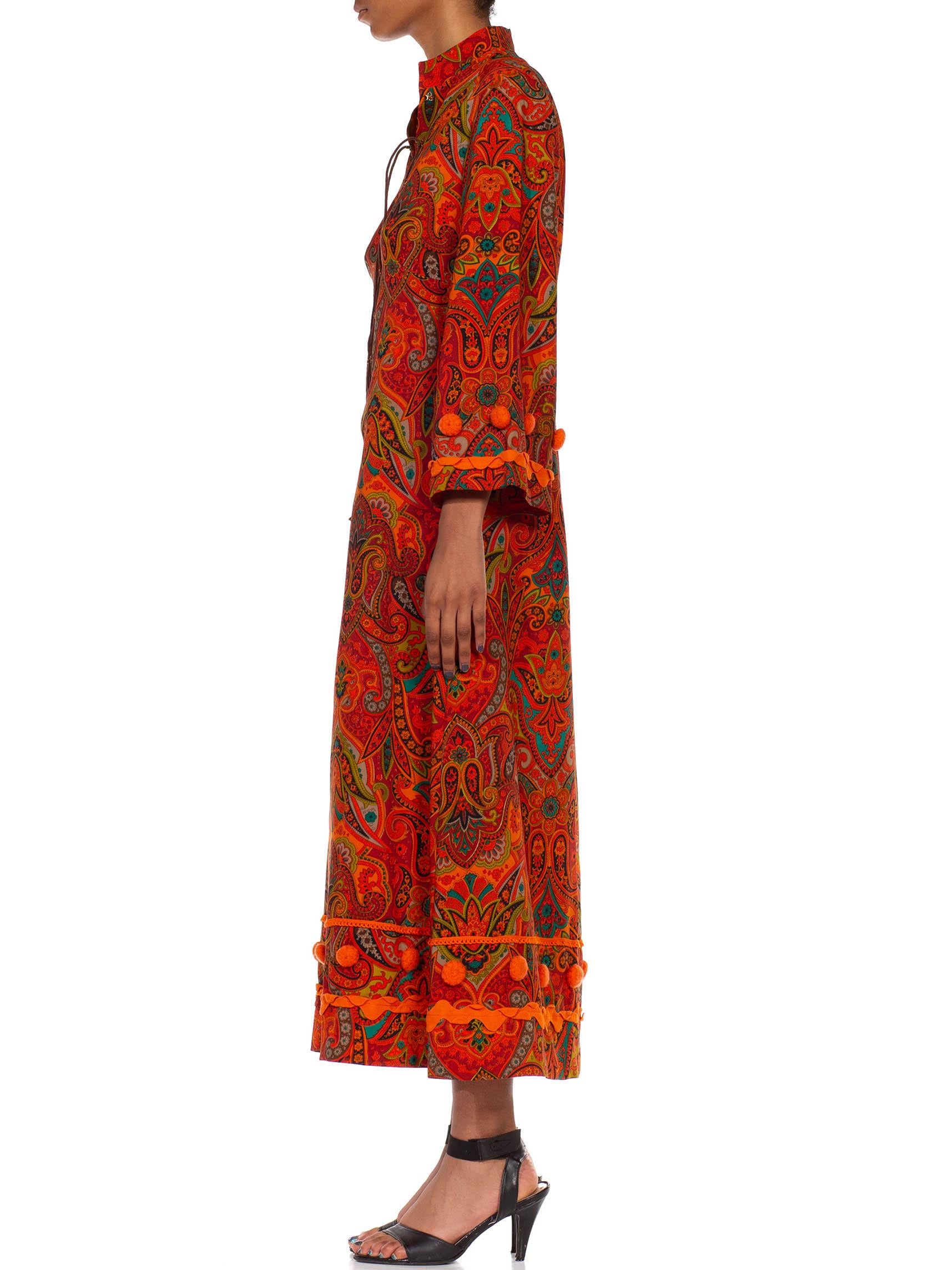 Red 1970S Orange Polyester Lace Up Paisley Kaftan With Pom And Ribbon Trim