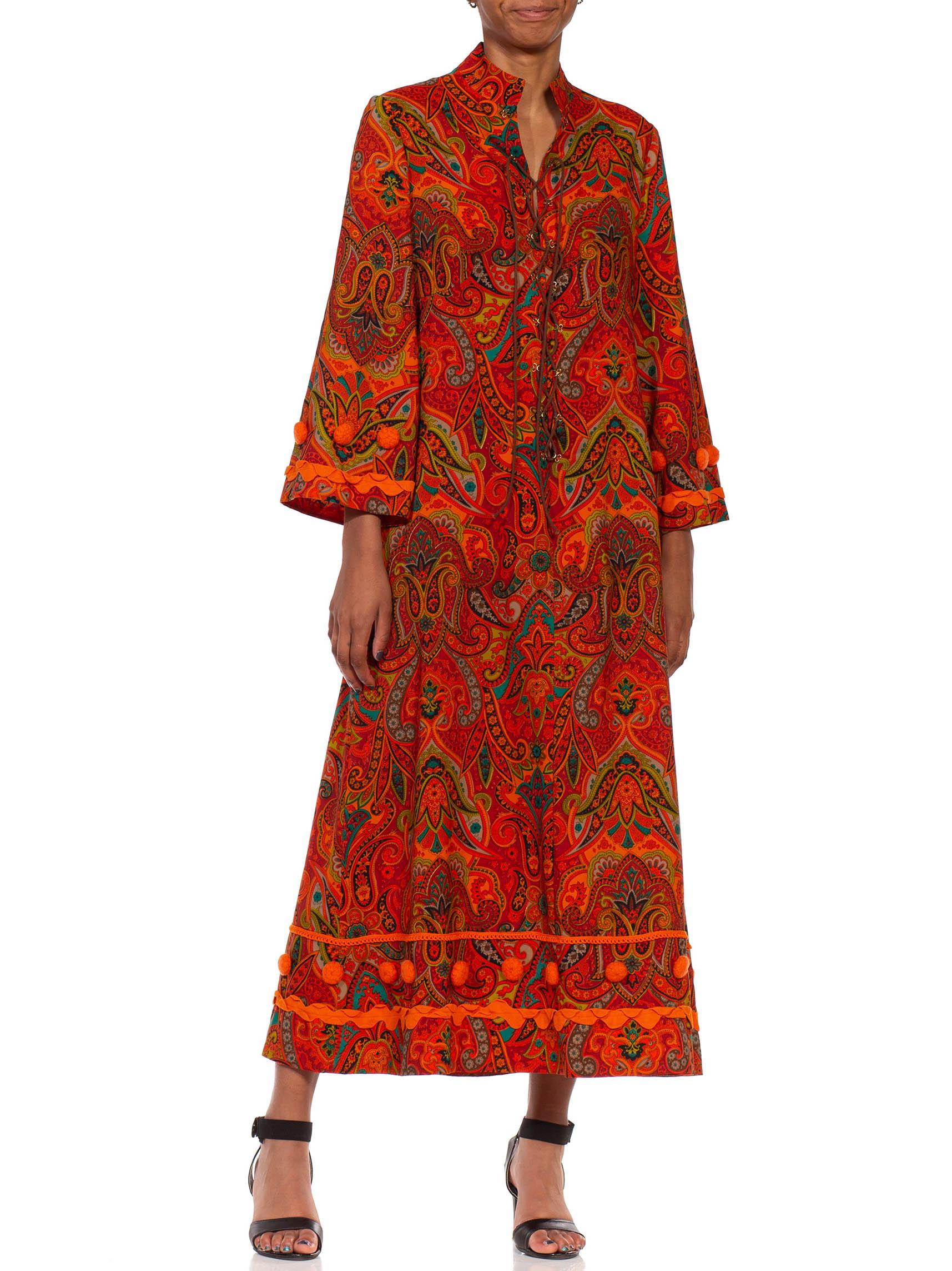 Women's or Men's 1970S Orange Polyester Lace Up Paisley Kaftan With Pom And Ribbon Trim