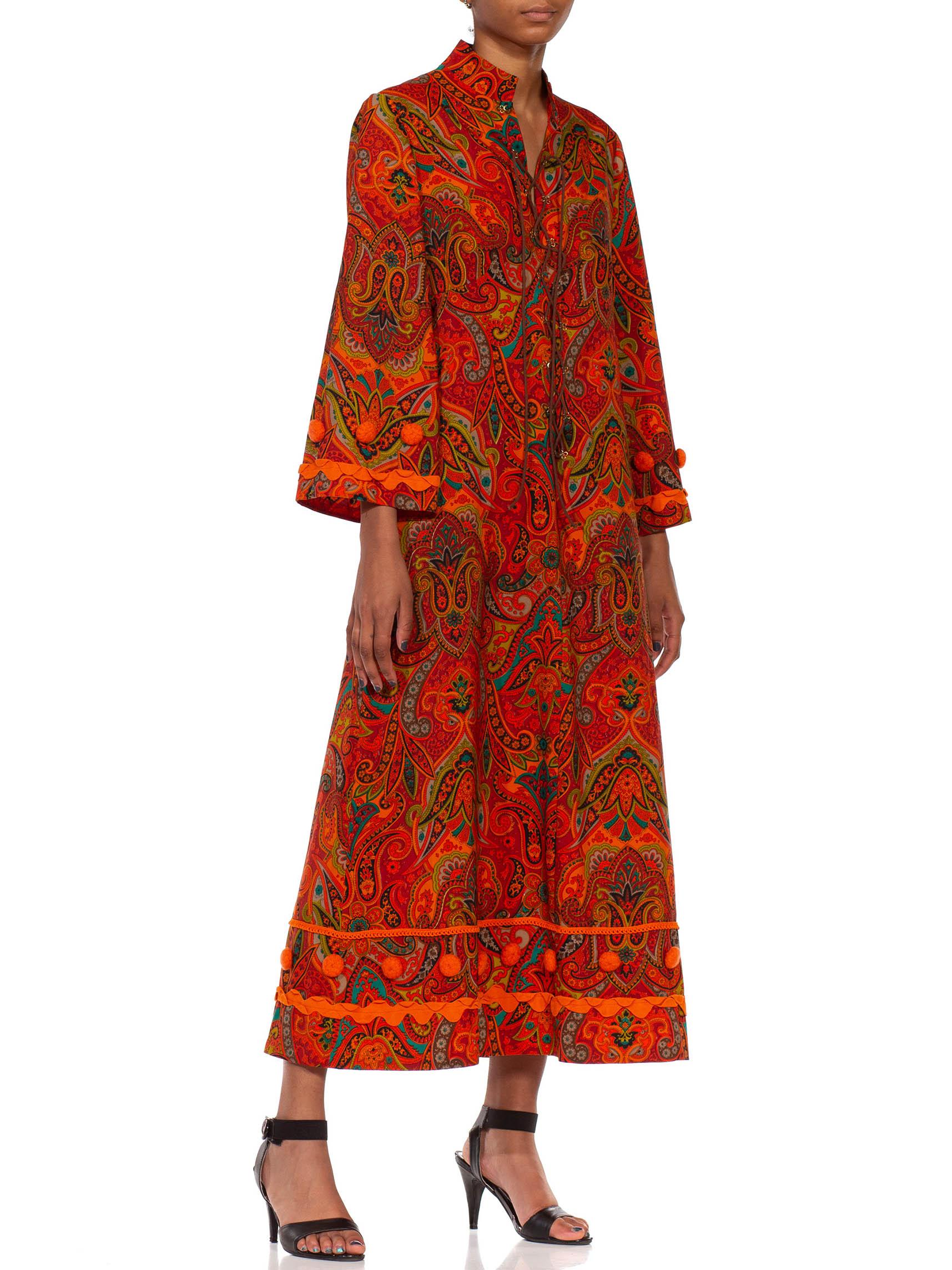 1970S Orange Polyester Lace Up Paisley Kaftan With Pom And Ribbon Trim 1