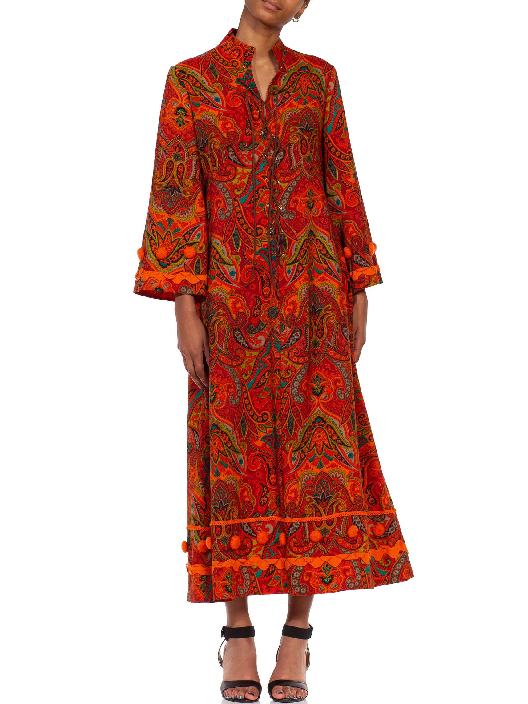 1970S Orange Polyester Lace Up Paisley Kaftan With Pom And Ribbon Trim 2