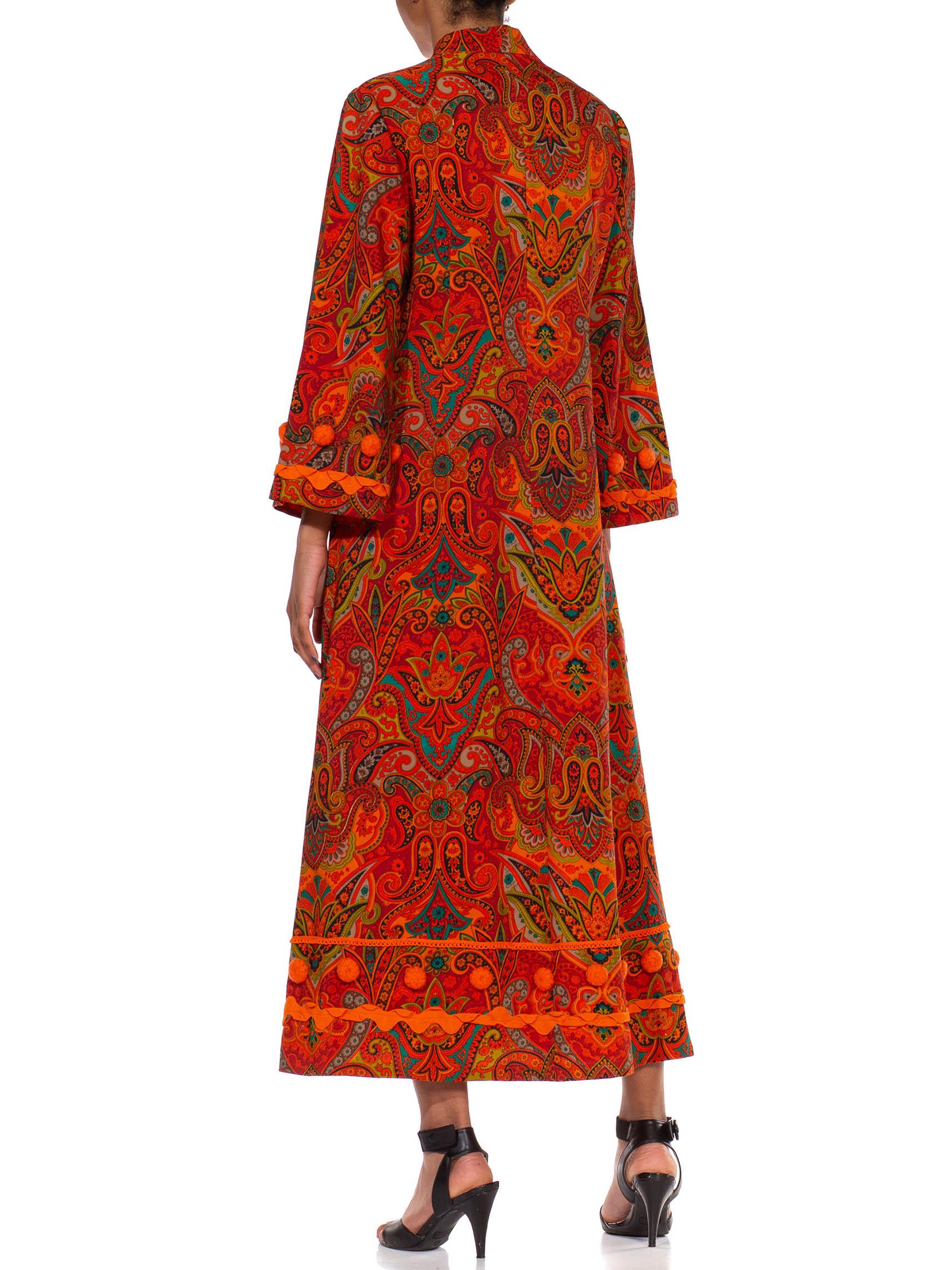 1970S Orange Polyester Lace Up Paisley Kaftan With Pom And Ribbon Trim 3