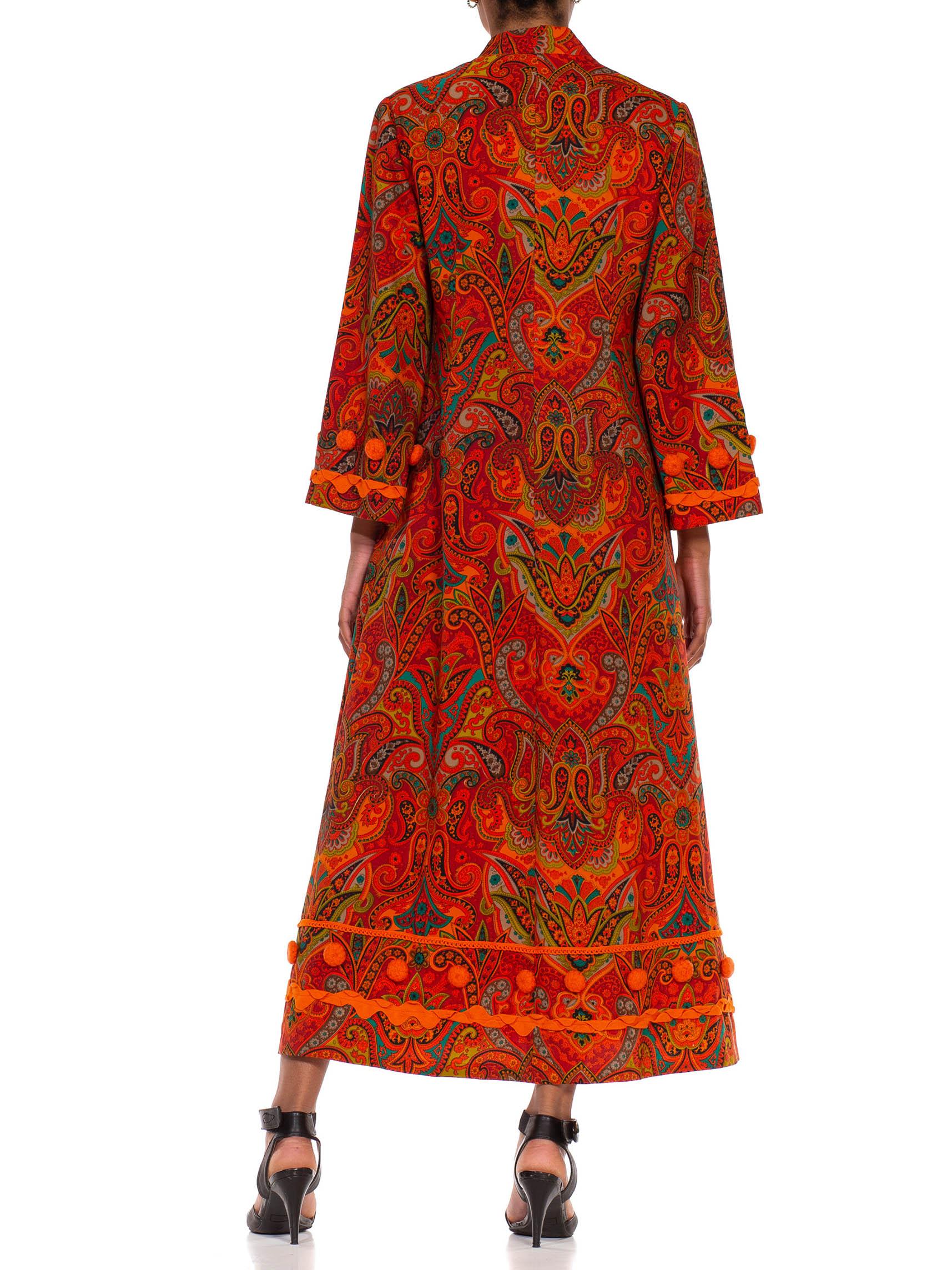 1970S Orange Polyester Lace Up Paisley Kaftan With Pom And Ribbon Trim 4