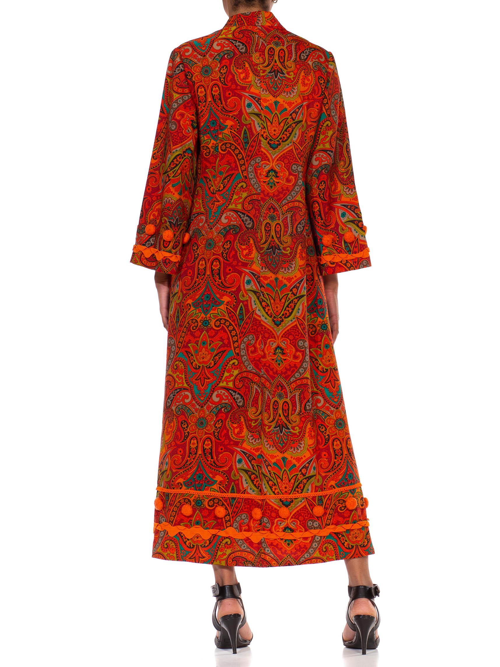 1970S Orange Polyester Lace Up Paisley Kaftan With Pom And Ribbon Trim 5