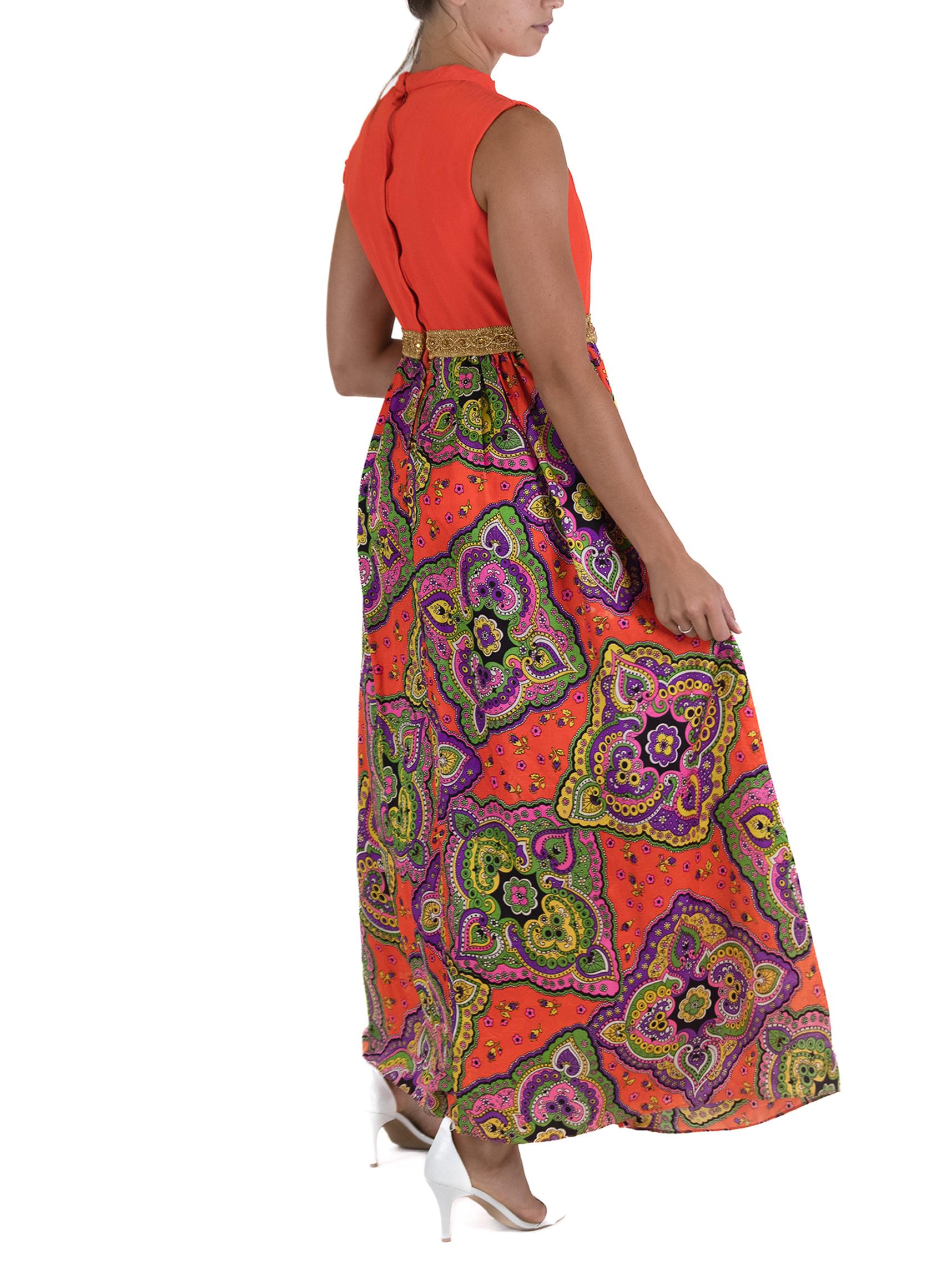 1970S Orange Psychedelic Paisley Print Dress With Keyhole Neck And Gold Braided For Sale 1