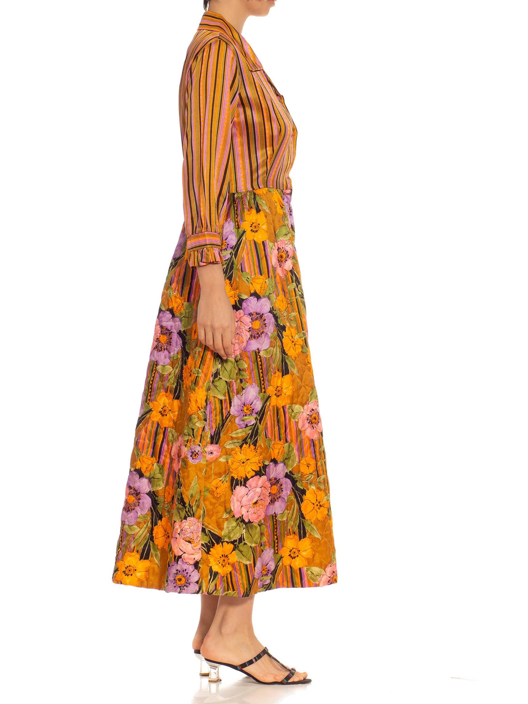 Brown 1970S Orange & Purple Silk Blend Stripe Floral Gown
