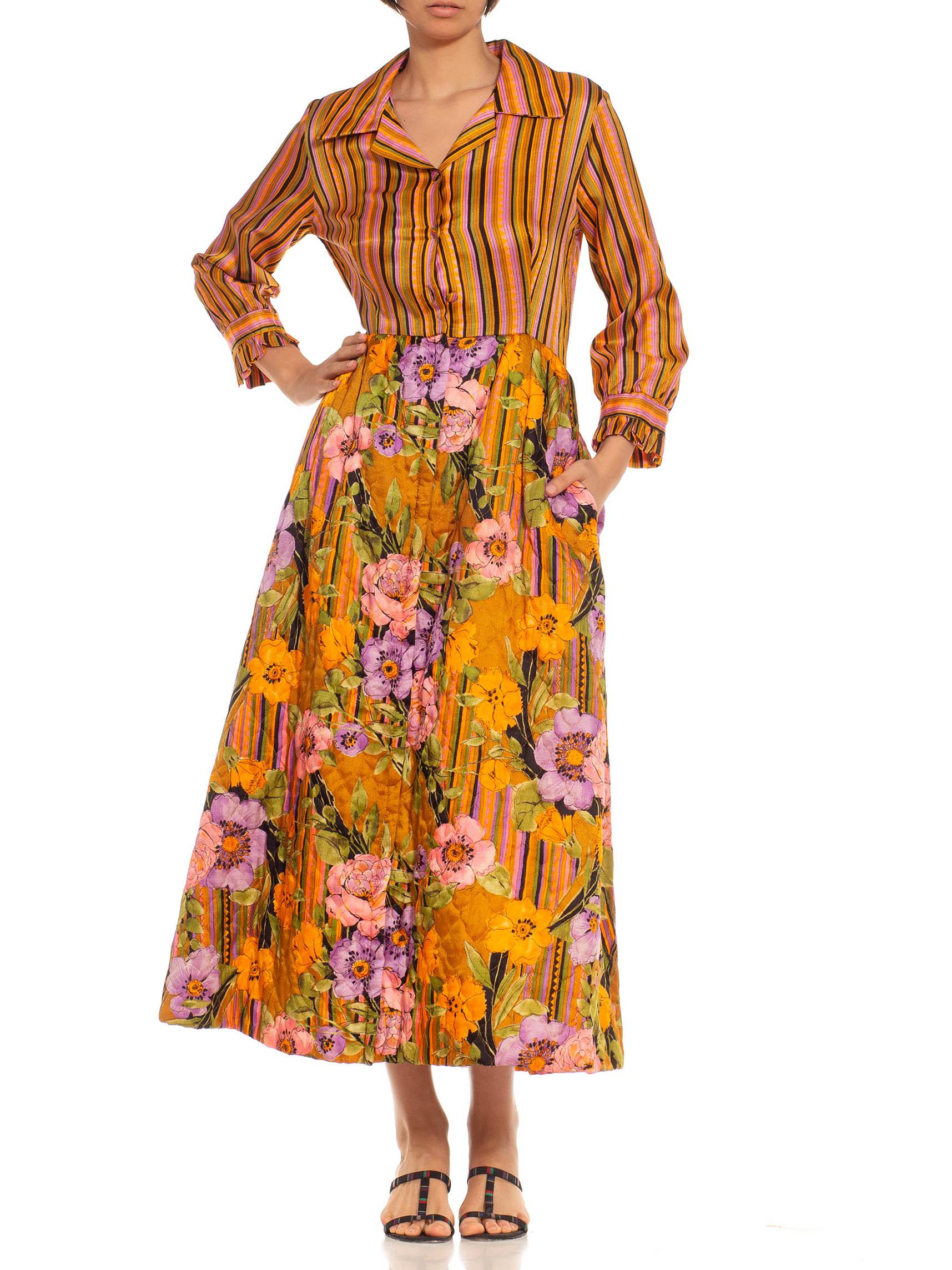 1970S Orange & Purple Silk Blend Stripe Floral Gown In Excellent Condition In New York, NY