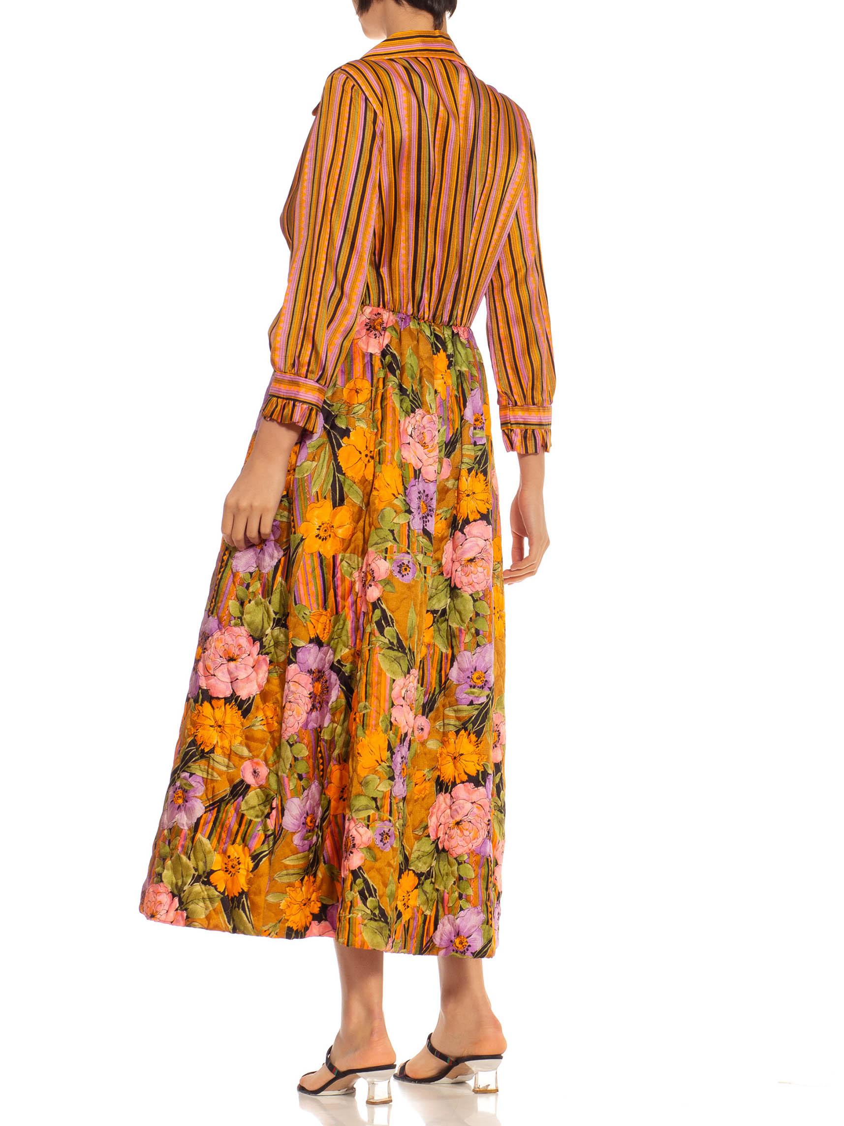 1970S Orange & Purple Silk Blend Stripe Floral Gown 1