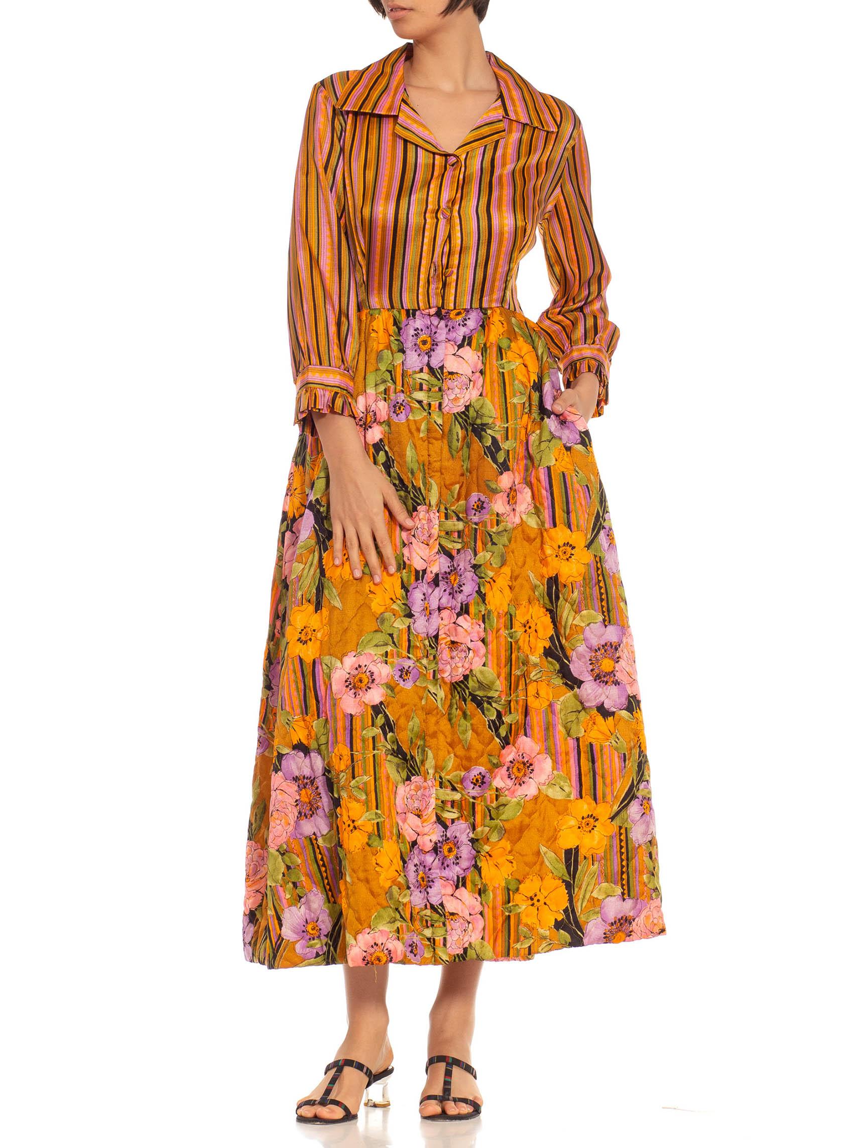 1970S Orange & Purple Silk Blend Stripe Floral Gown 3