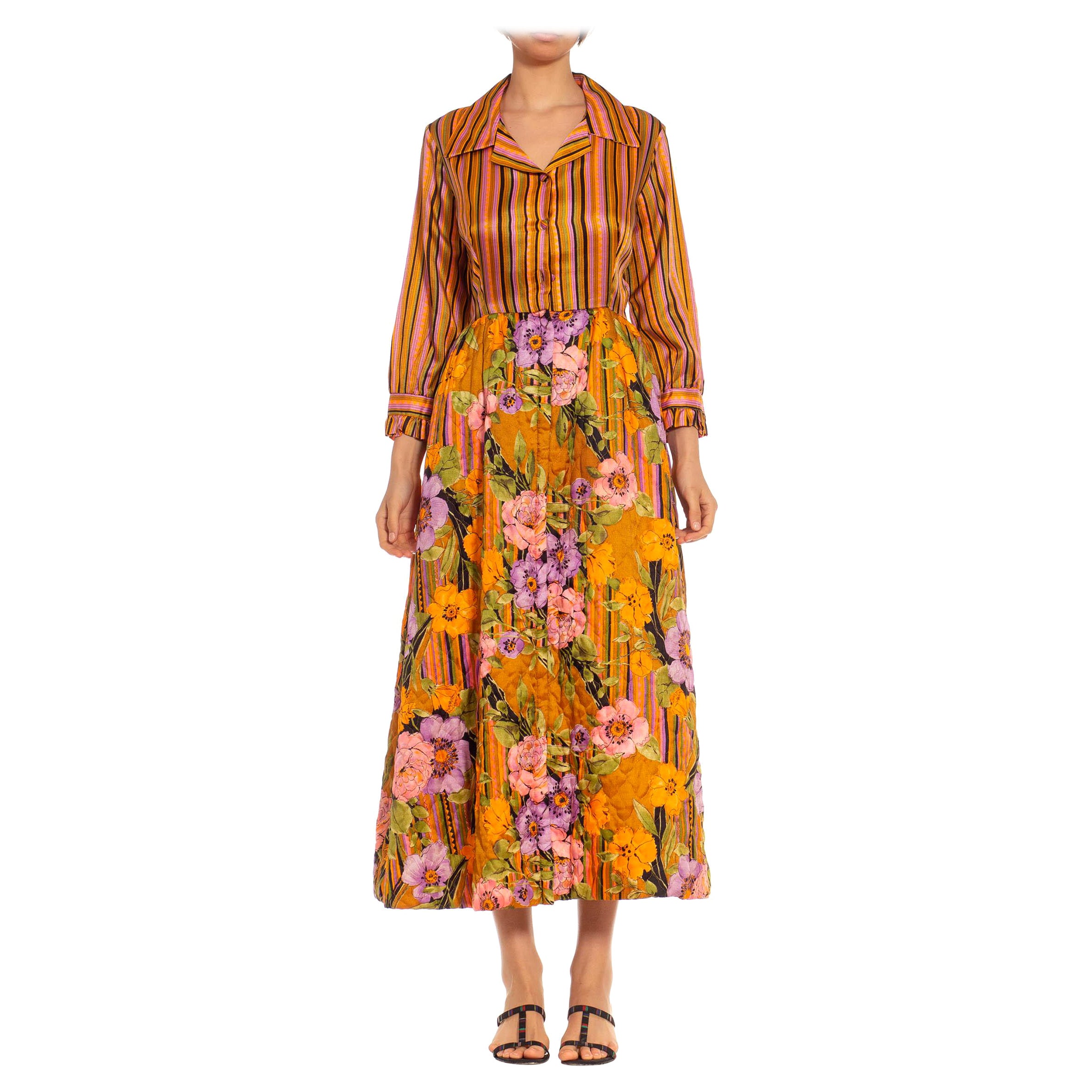 1970S Orange & Purple Silk Blend Stripe Floral Gown