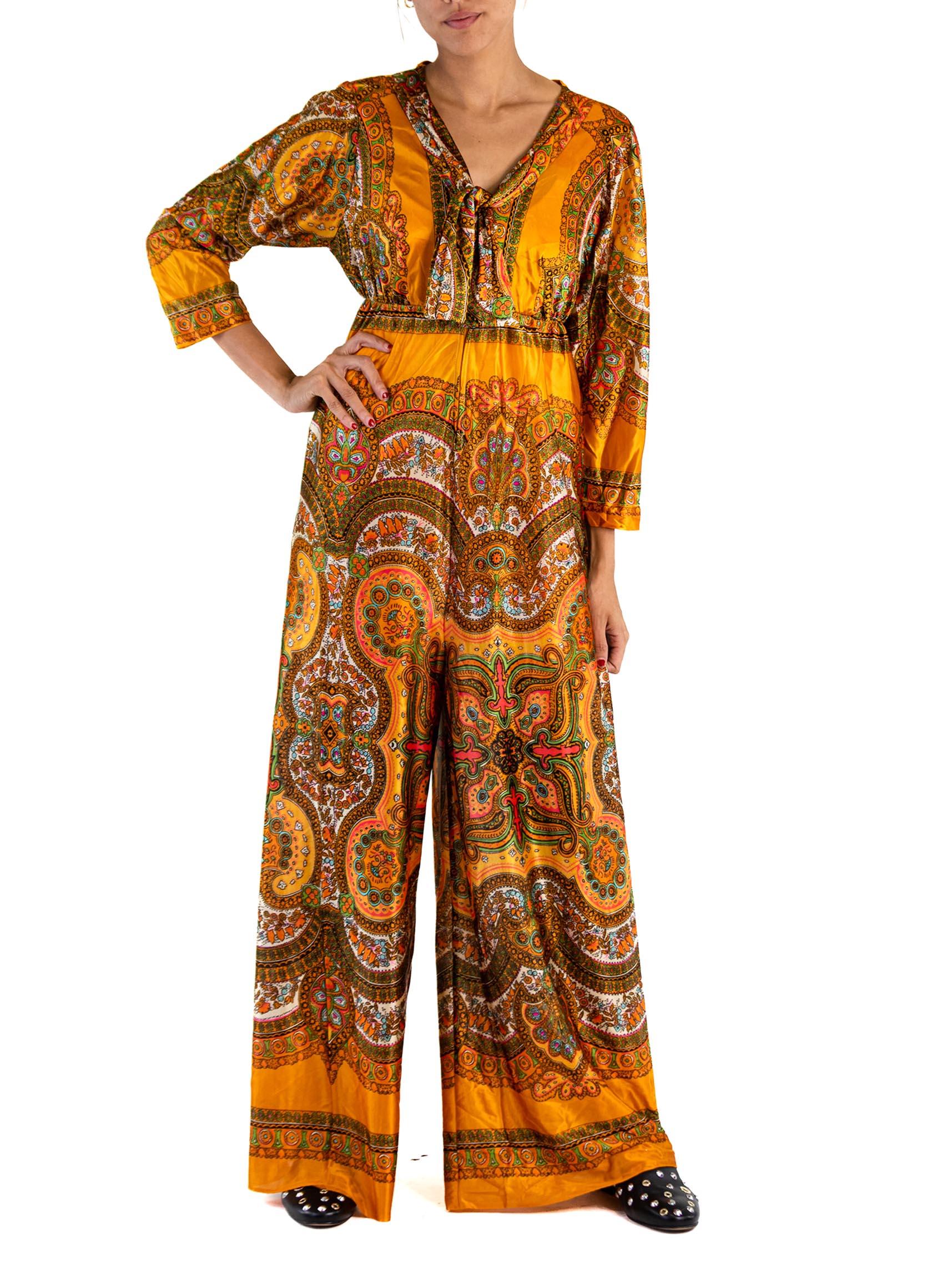 1970S Orange Silk Satin Paisley Psychedelic  Jumpsuit In Excellent Condition For Sale In New York, NY