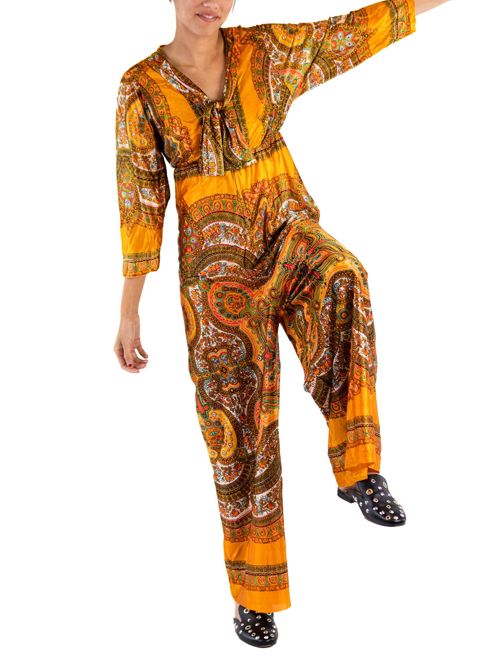 Women's 1970S Orange Silk Satin Paisley Psychedelic  Jumpsuit For Sale