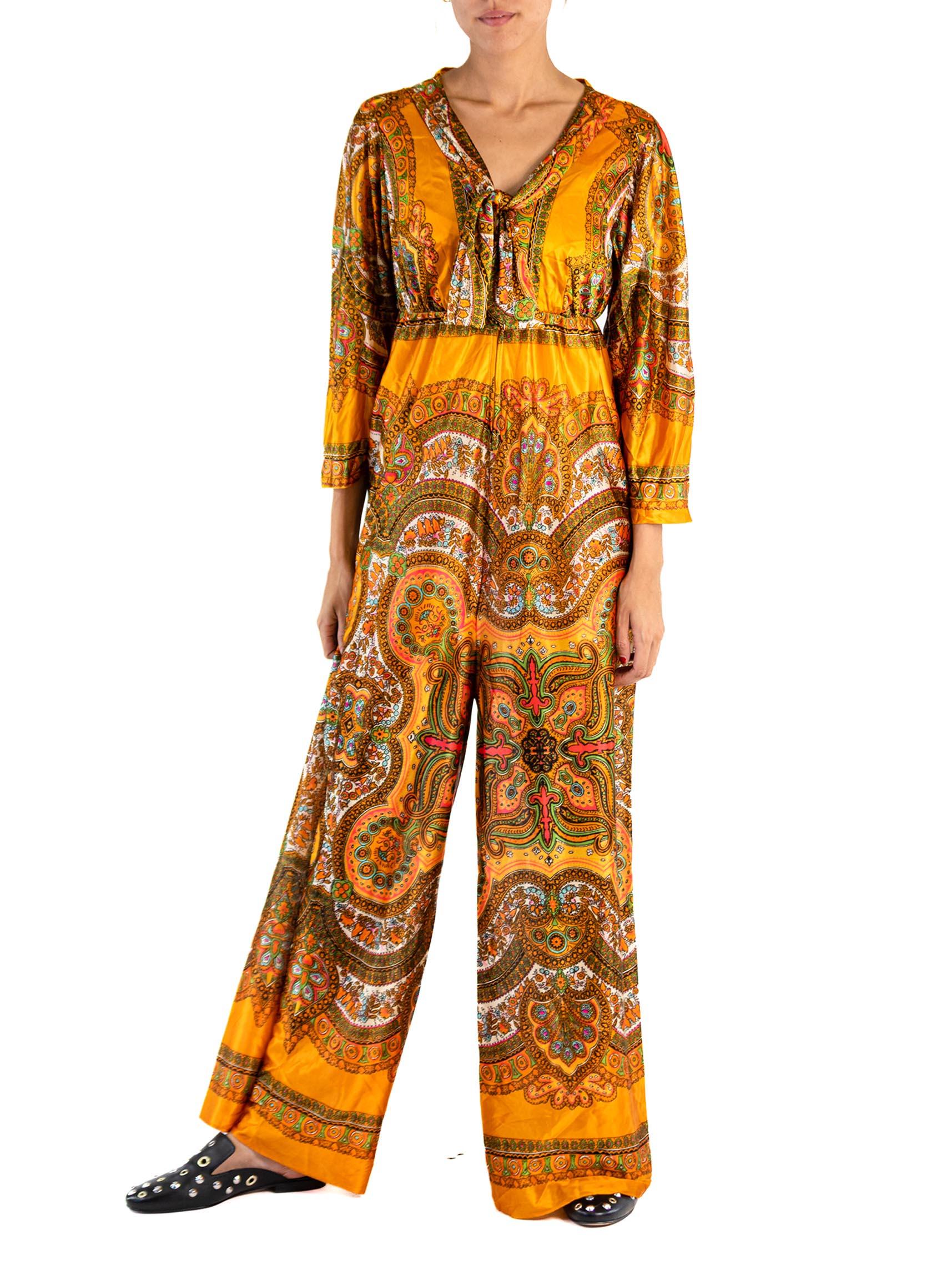 1970S Orange Silk Satin Paisley Psychedelic  Jumpsuit For Sale 1