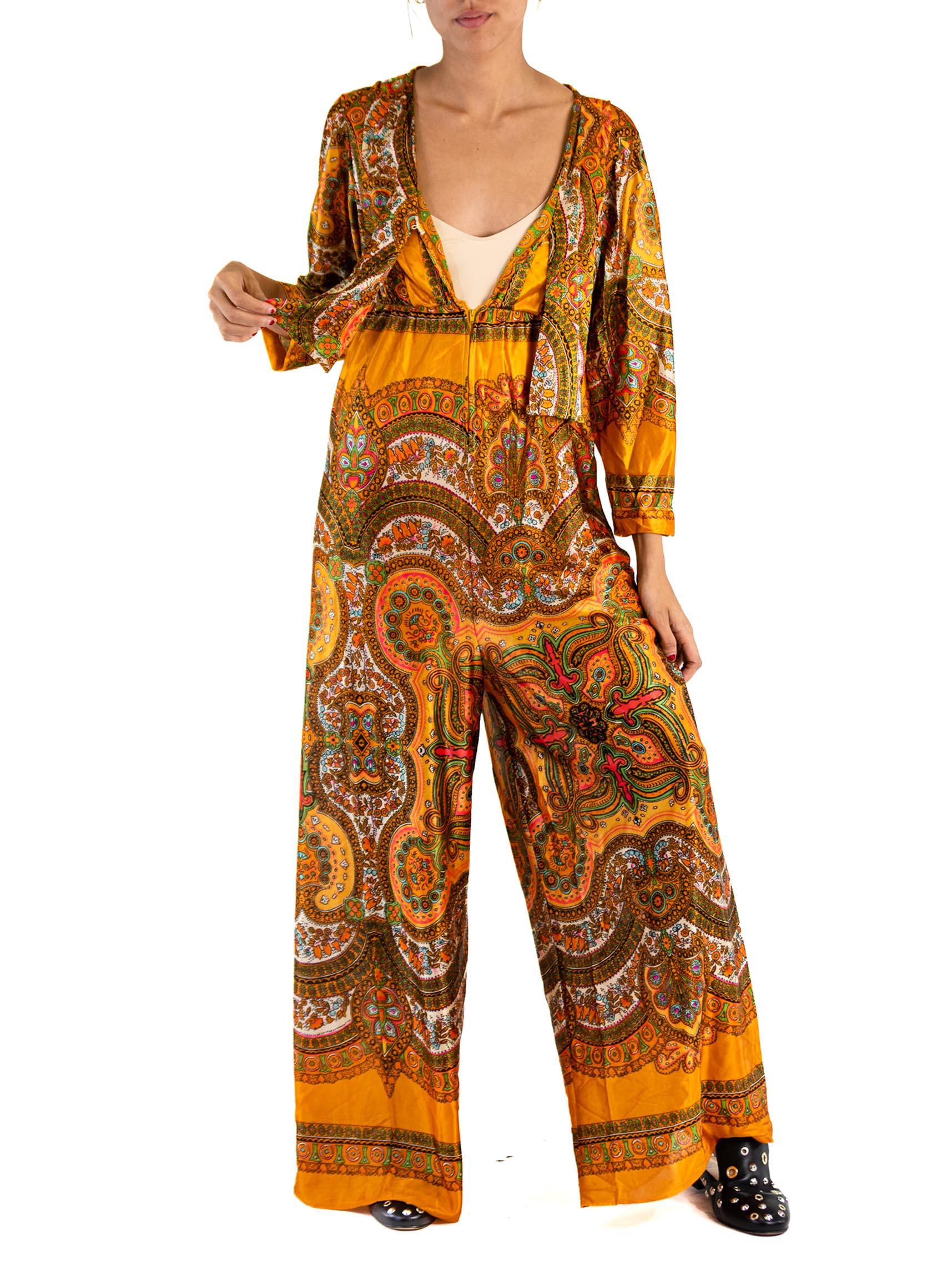 1970S Orange Silk Satin Paisley Psychedelic  Jumpsuit For Sale 2
