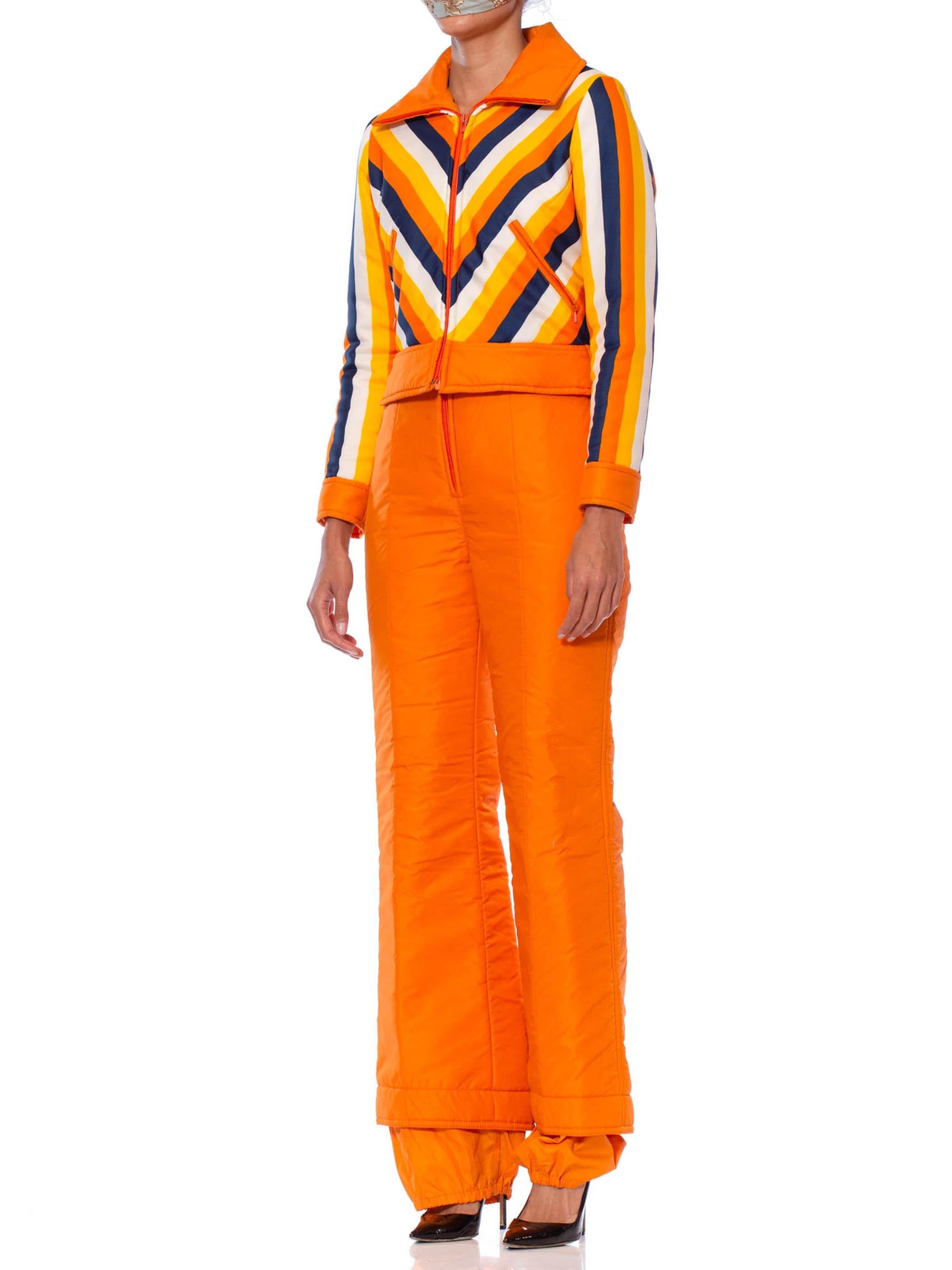 Women's or Men's 1970S Orange Striped Waterproof Nylon Detachable Jacket Ski Jumpsuit