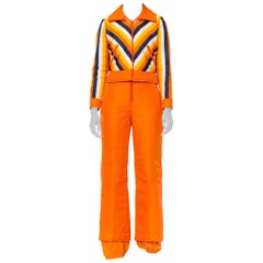 Vintage 1970S Orange Striped Waterproof Nylon Detachable Jacket Ski Jumpsuit