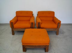1970s Orange Tweed Lounge Chairs & Ottoman, a Pair