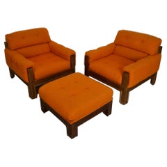 1970s Orange Tweed Lounge Chairs & Ottoman, a Pair