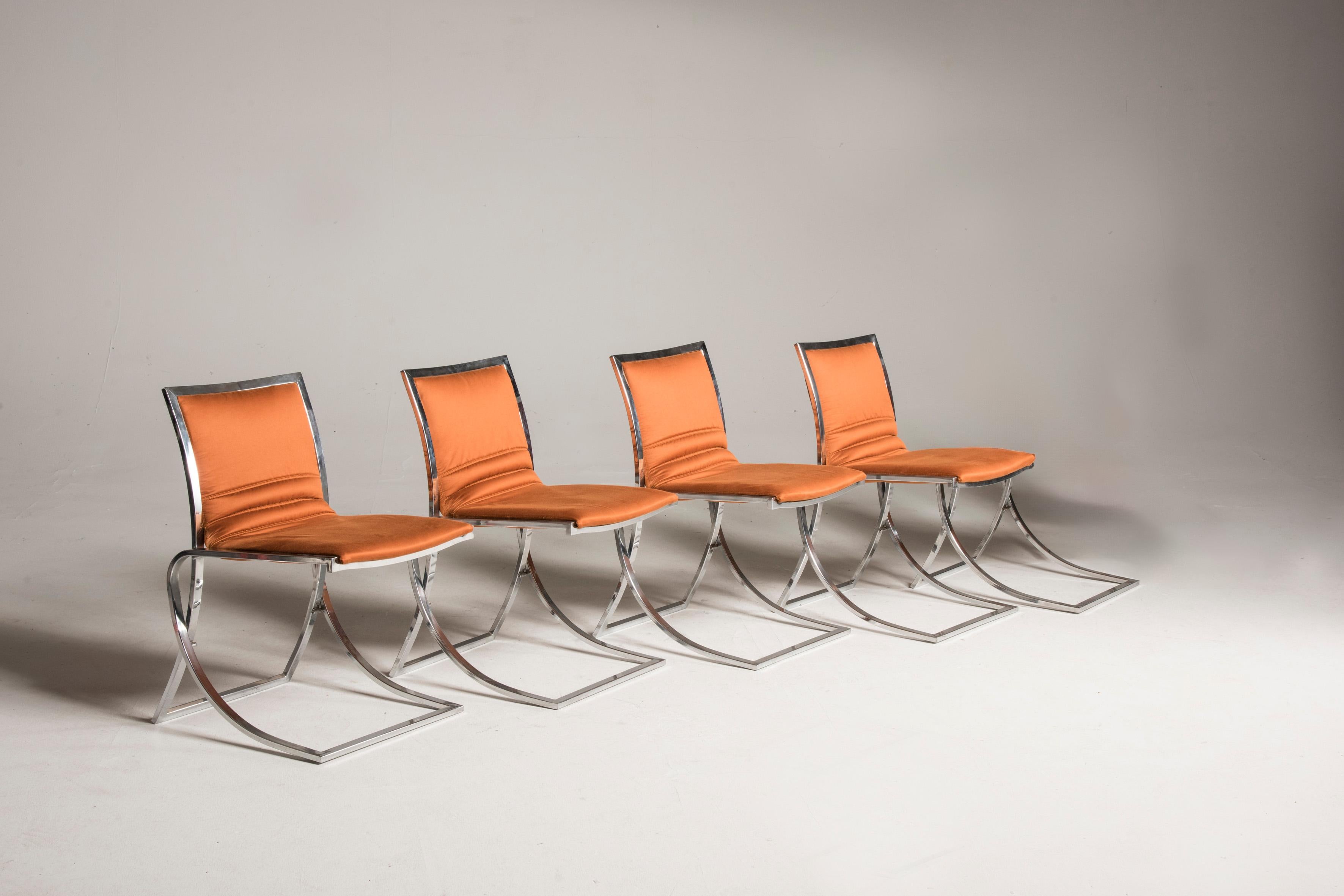 Italian 1970s Orange Upholstery Chromed Steel Chairs Set of 4 For Sale