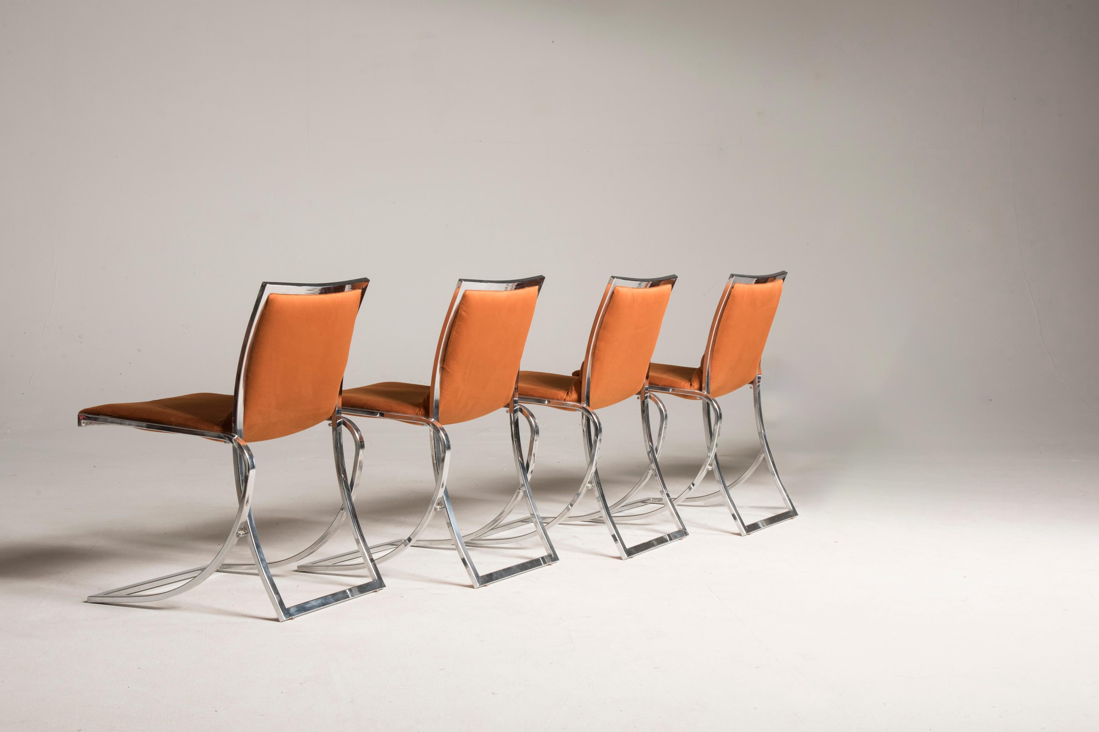 20th Century 1970s Orange Upholstery Chromed Steel Chairs Set of 4 For Sale