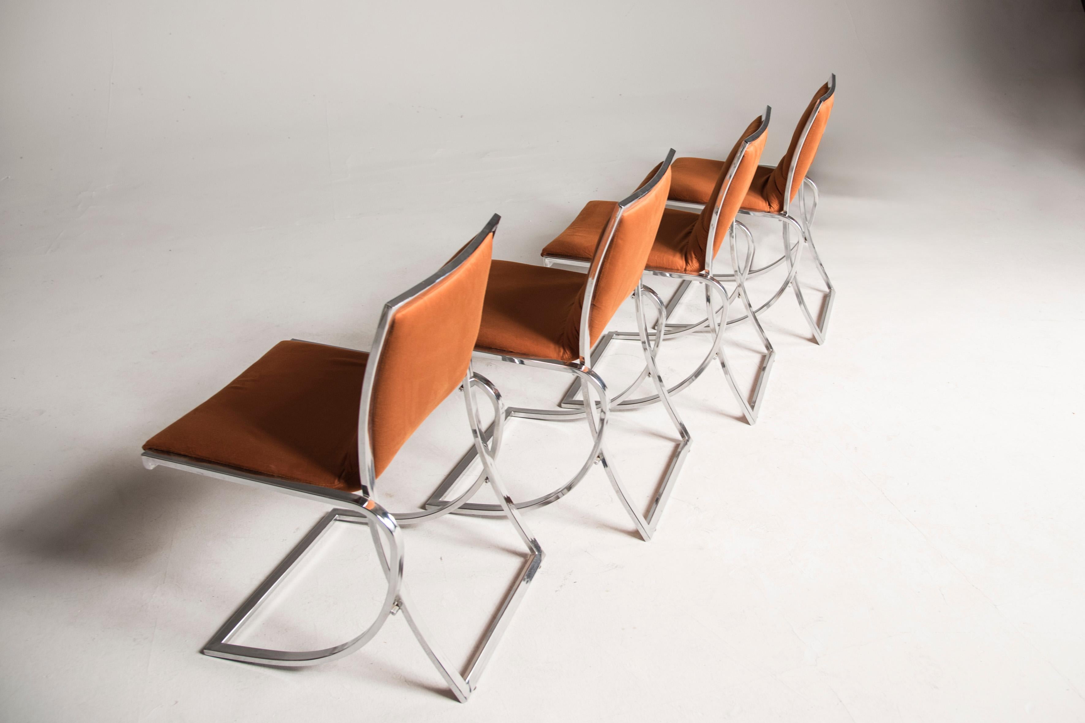 1970s Orange Upholstery Chromed Steel Chairs Set of 4 For Sale 1