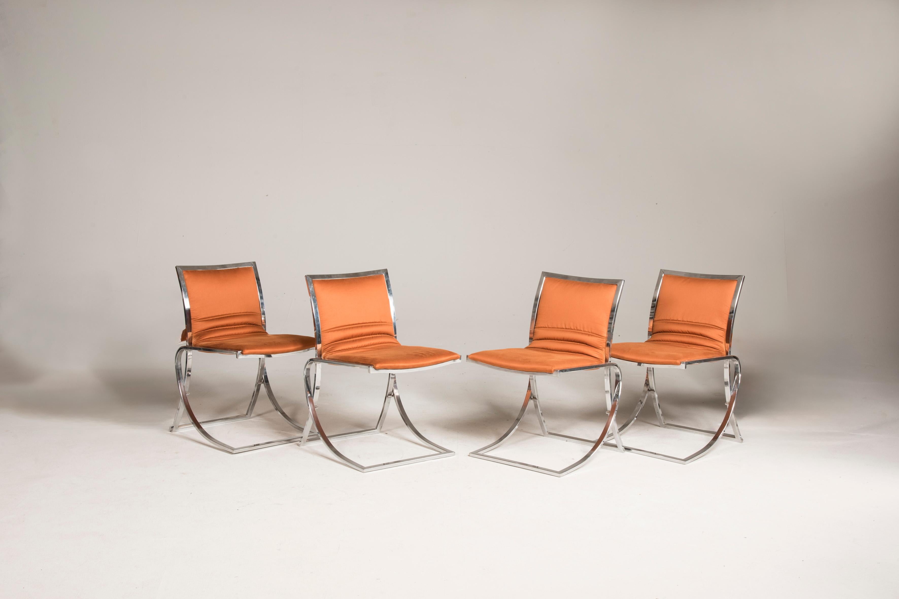 1970s Orange Upholstery Chromed Steel Chairs Set of 4 For Sale 2