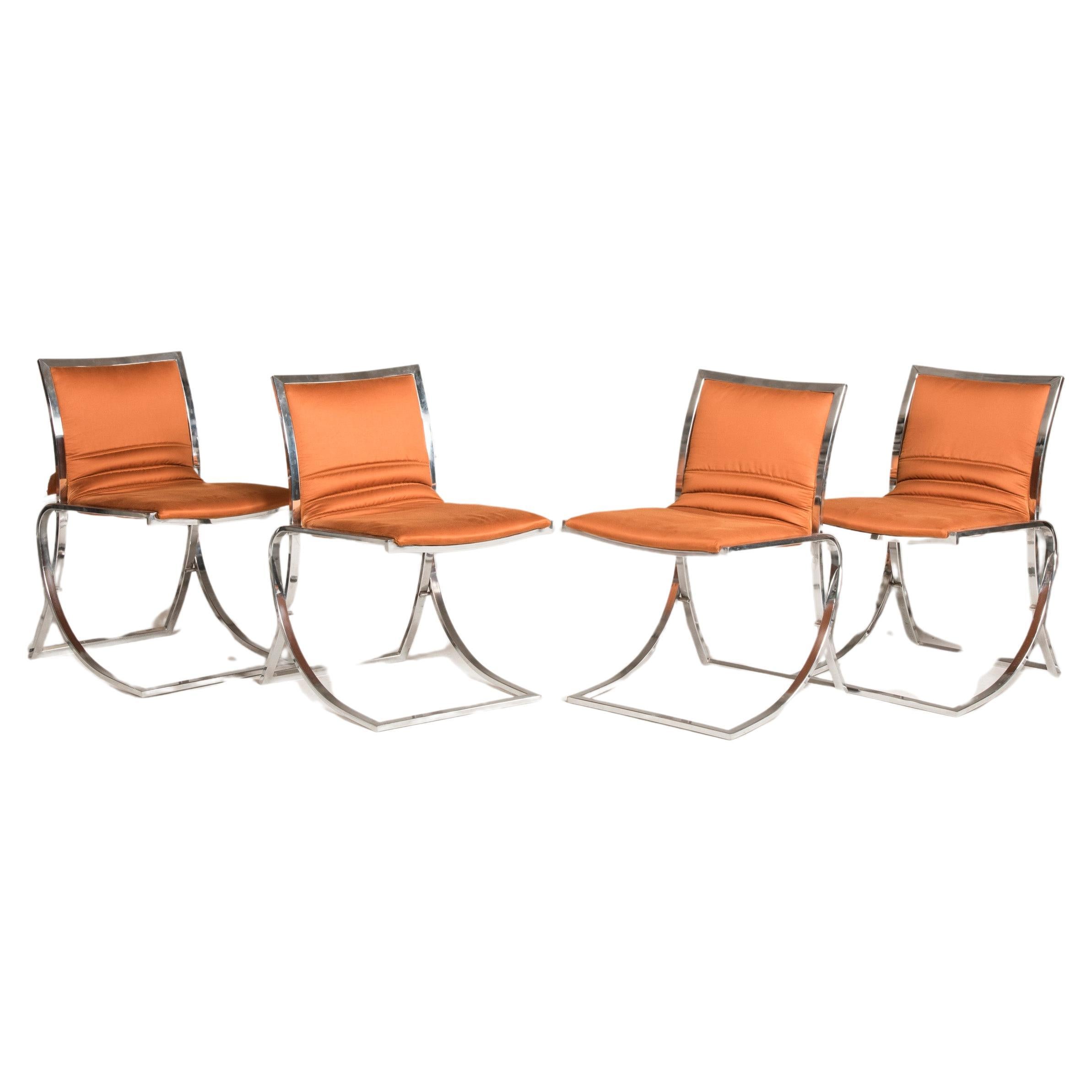 1970s Orange Upholstery Chromed Steel Chairs Set of 4 For Sale