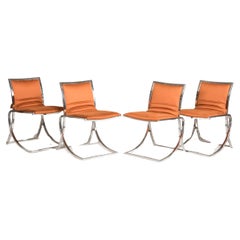 Retro 1970s Orange Upholstery Chromed Steel Chairs Set of 4