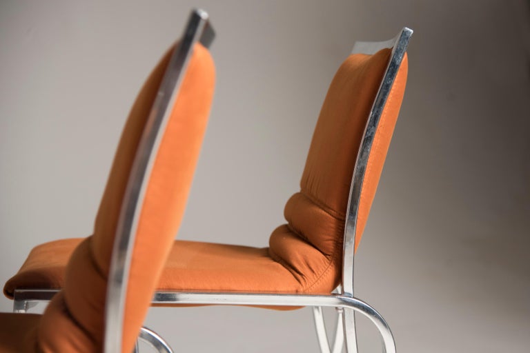 1970s Orange Upholstery Chromed Steel Chairs Set of Six 8