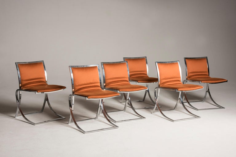 Italian 1970s Orange Upholstery Chromed Steel Chairs Set of Six