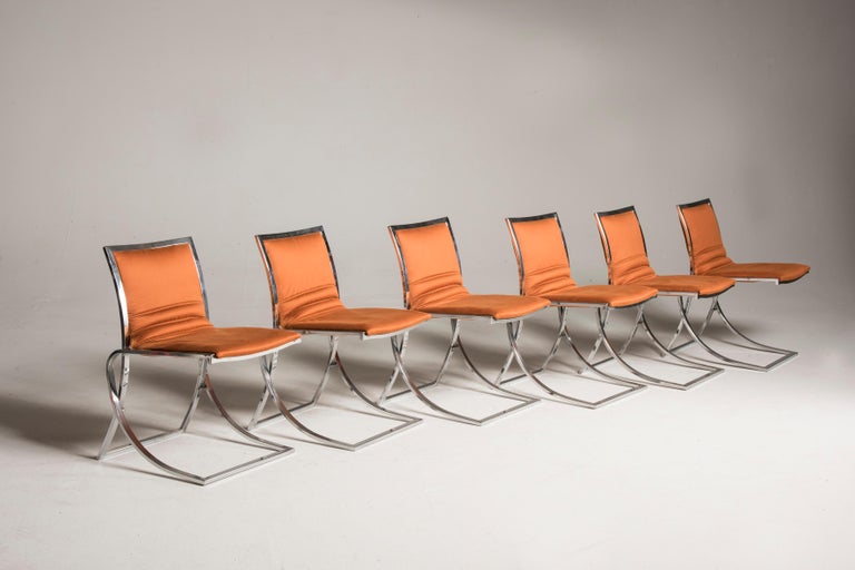 20th Century 1970s Orange Upholstery Chromed Steel Chairs Set of Six