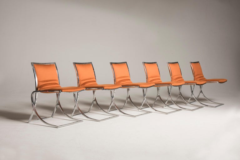1970s Orange Upholstery Chromed Steel Chairs Set of Six 1