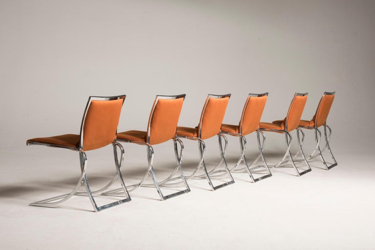 1970s Orange Upholstery Chromed Steel Chairs Set of Six 2