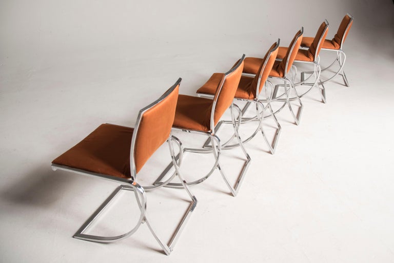 1970s Orange Upholstery Chromed Steel Chairs Set of Six 3