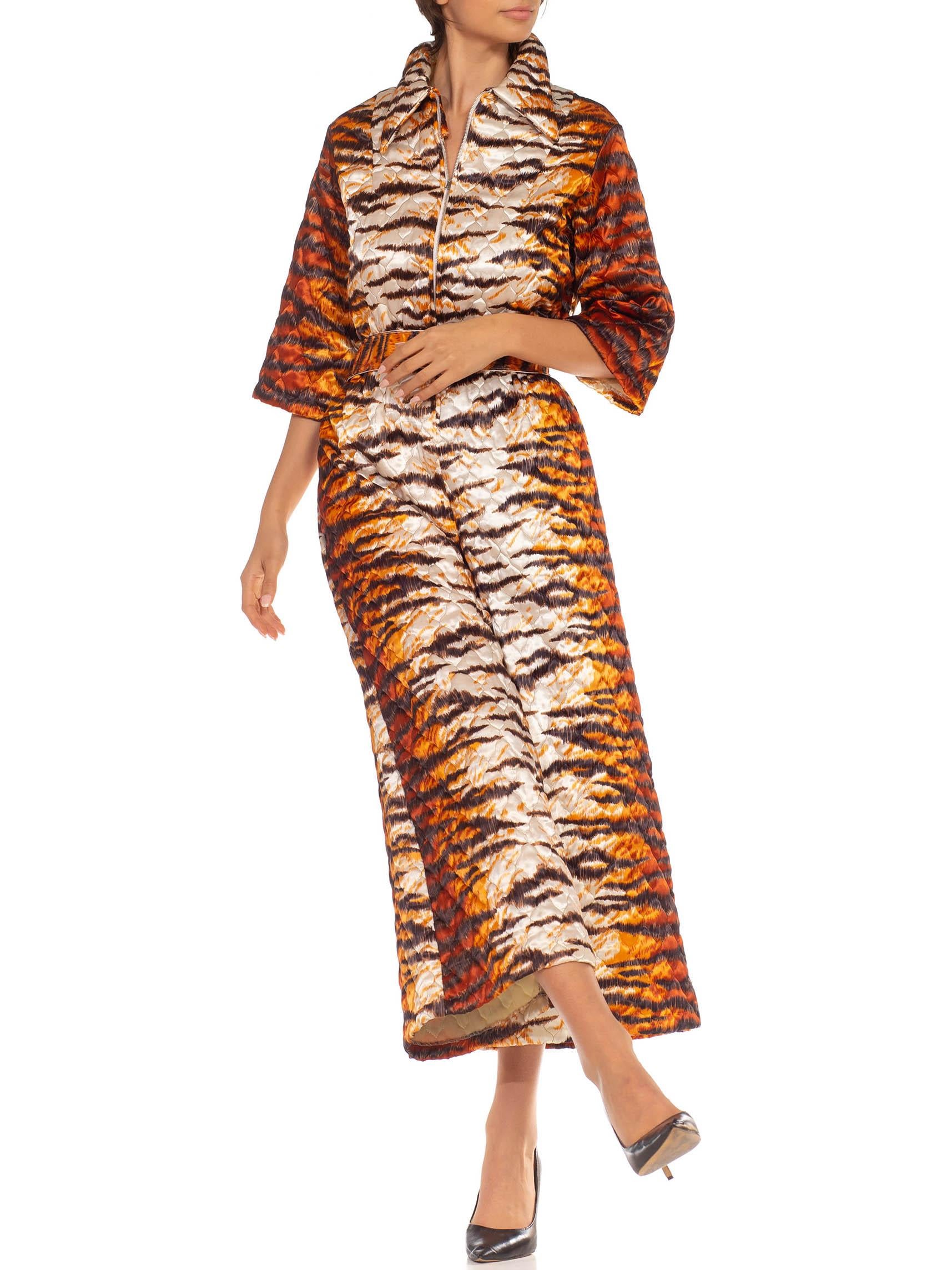 1970S Orange & White Polyester Blend Quilted Tiger Print Jumpsuit In Excellent Condition For Sale In New York, NY