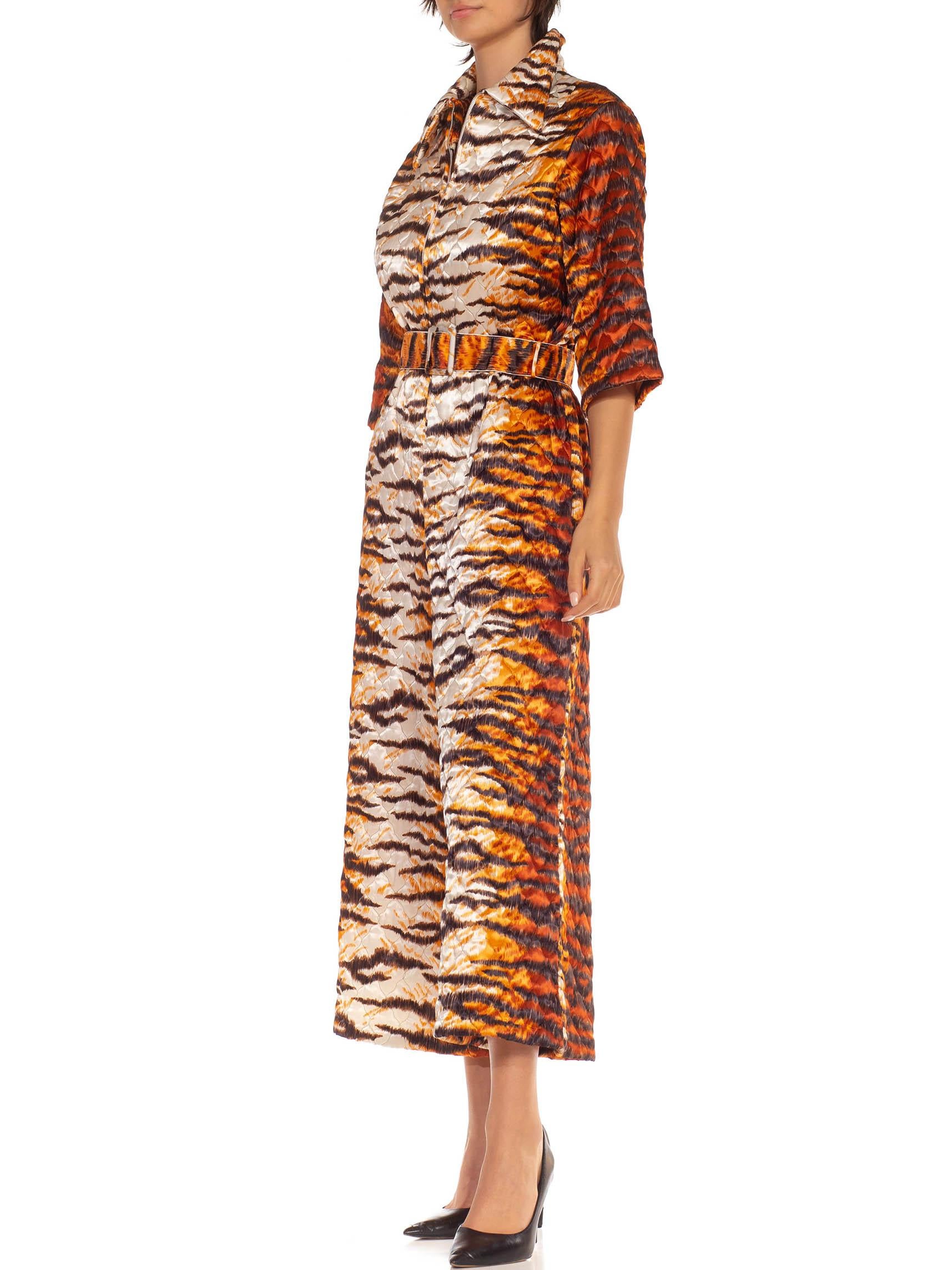 Women's 1970S Orange & White Polyester Blend Quilted Tiger Print Jumpsuit For Sale