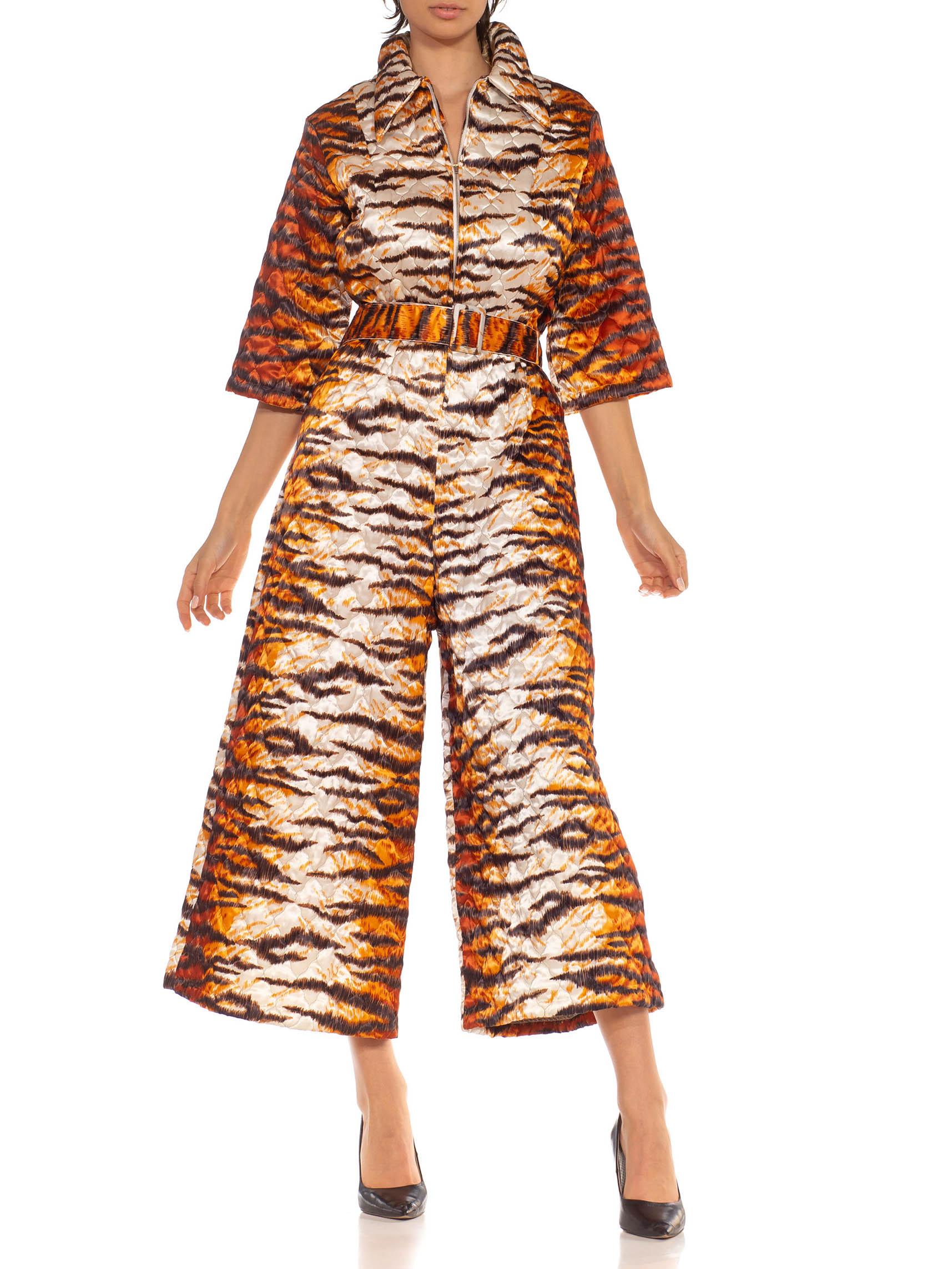 1970S Orange & White Polyester Blend Quilted Tiger Print Jumpsuit For Sale 1