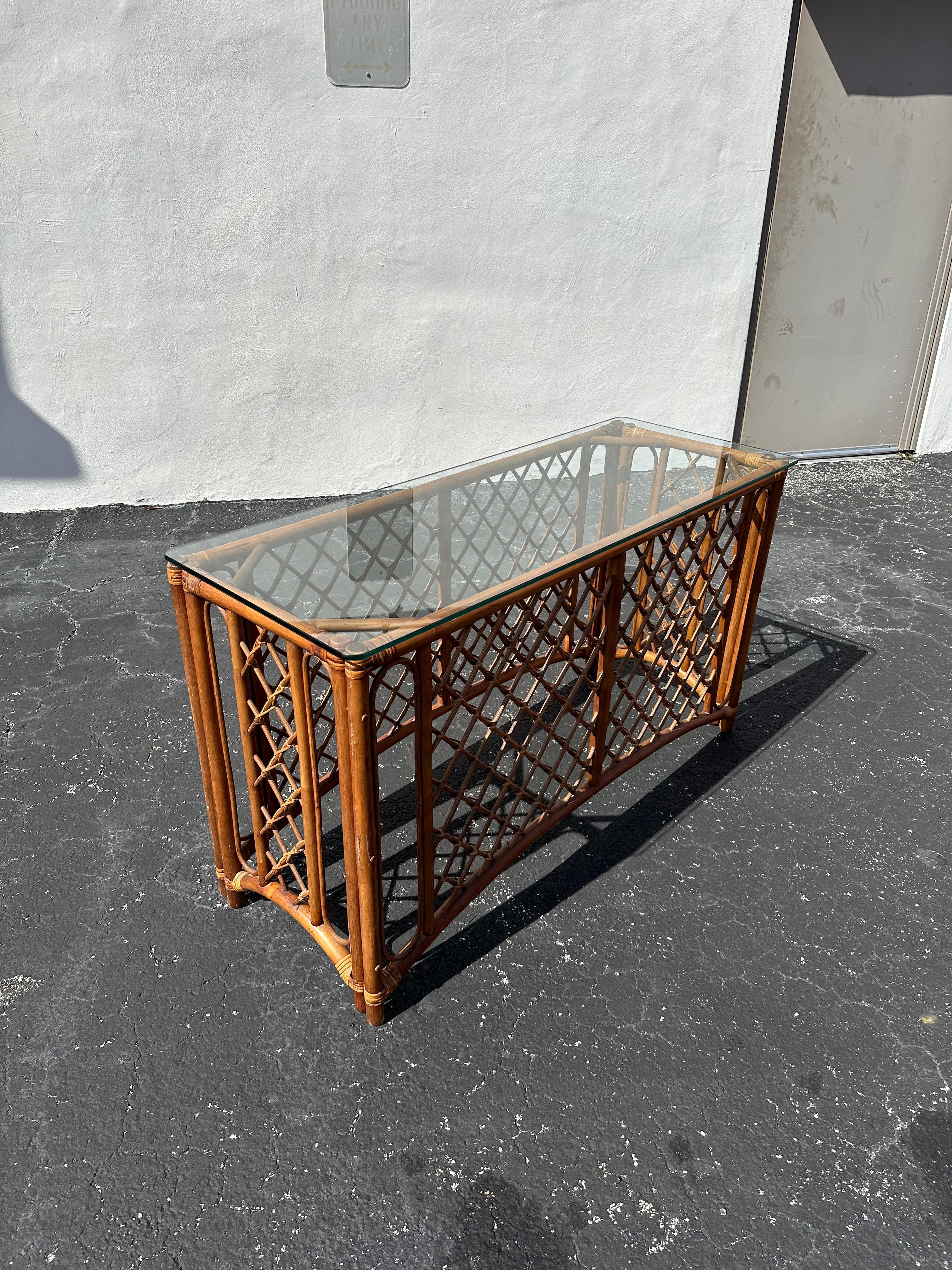 Asian 1970s Organic Lattice Rattan Console Table For Sale