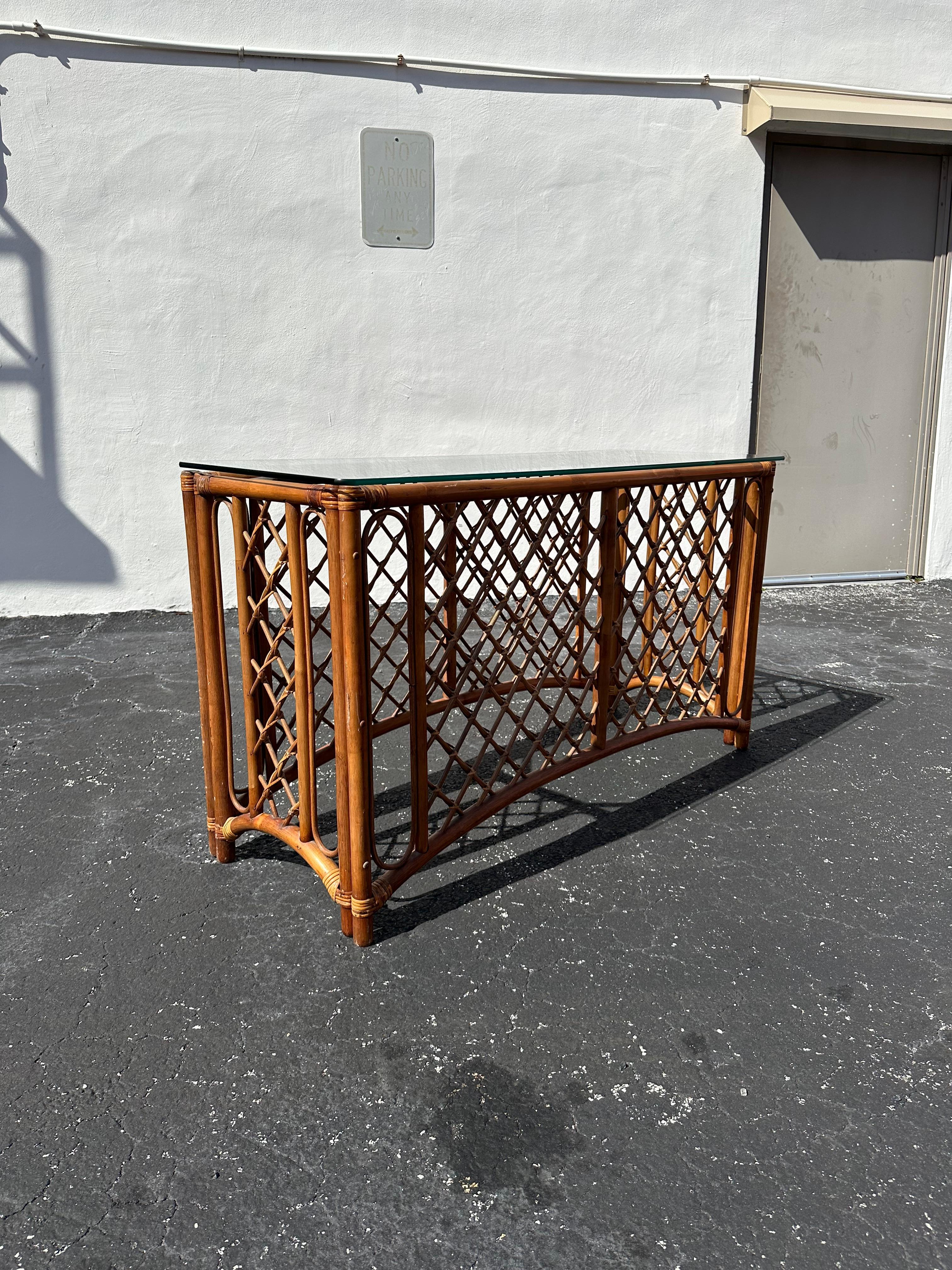 1970s Organic Lattice Rattan Console Table In Good Condition For Sale In Fort Lauderdale, FL